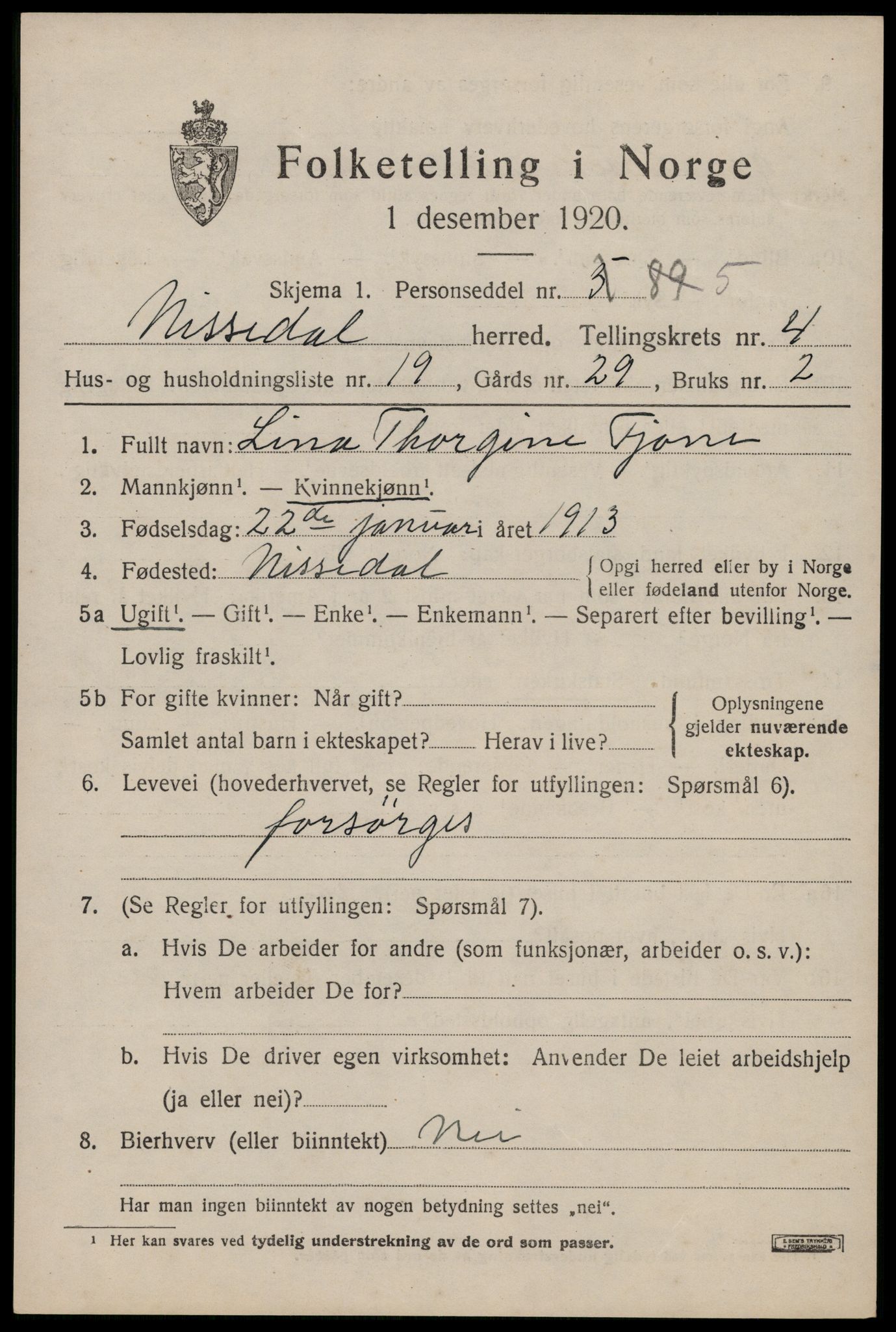 SAKO, Folketelling 1920 for 0830 Nissedal herred, 1920, s. 2005