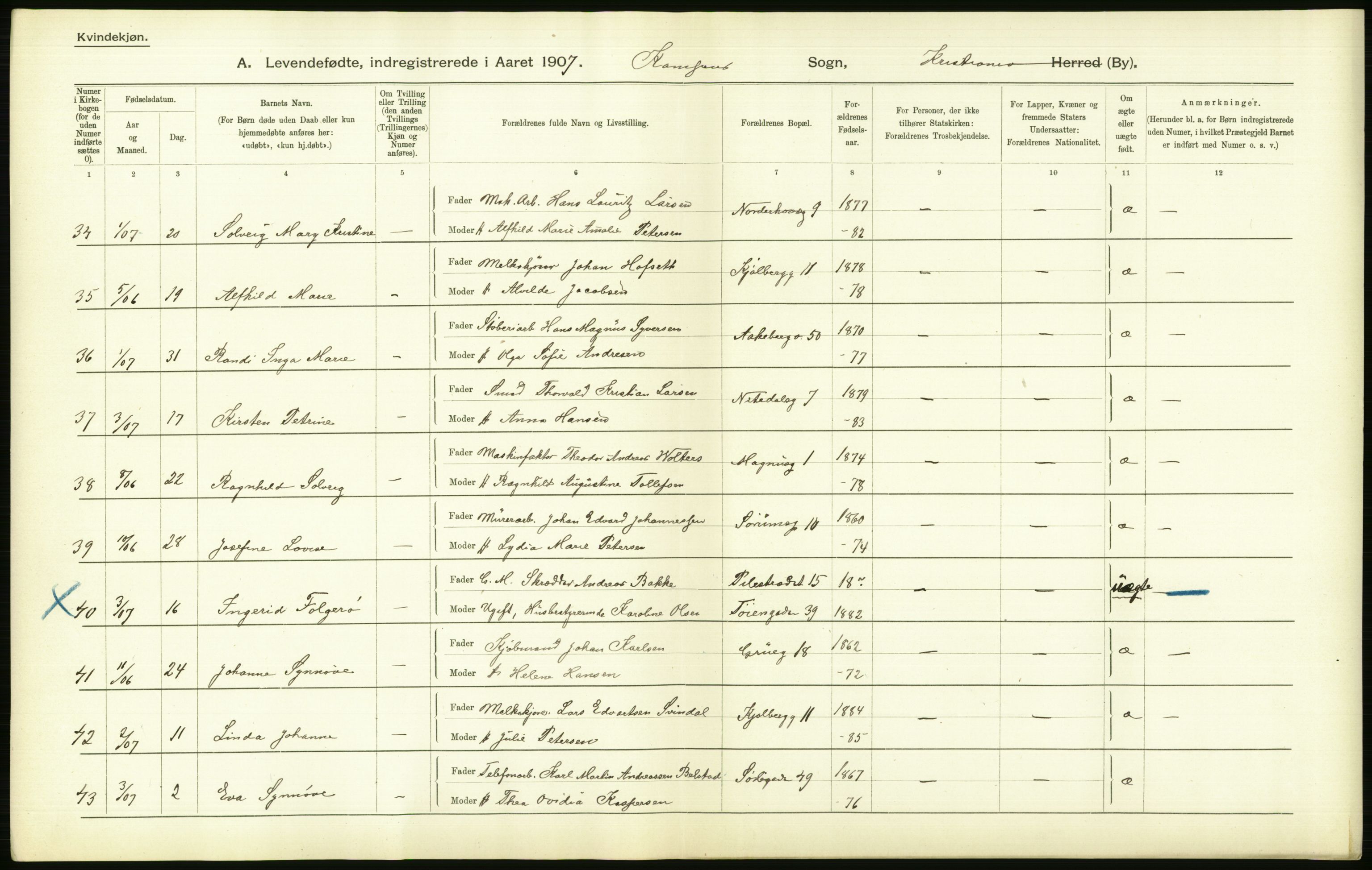 Statistisk sentralbyrå, Sosiodemografiske emner, Befolkning, AV/RA-S-2228/D/Df/Dfa/Dfae/L0007: Kristiania: Levendefødte menn og kvinner., 1907, s. 530