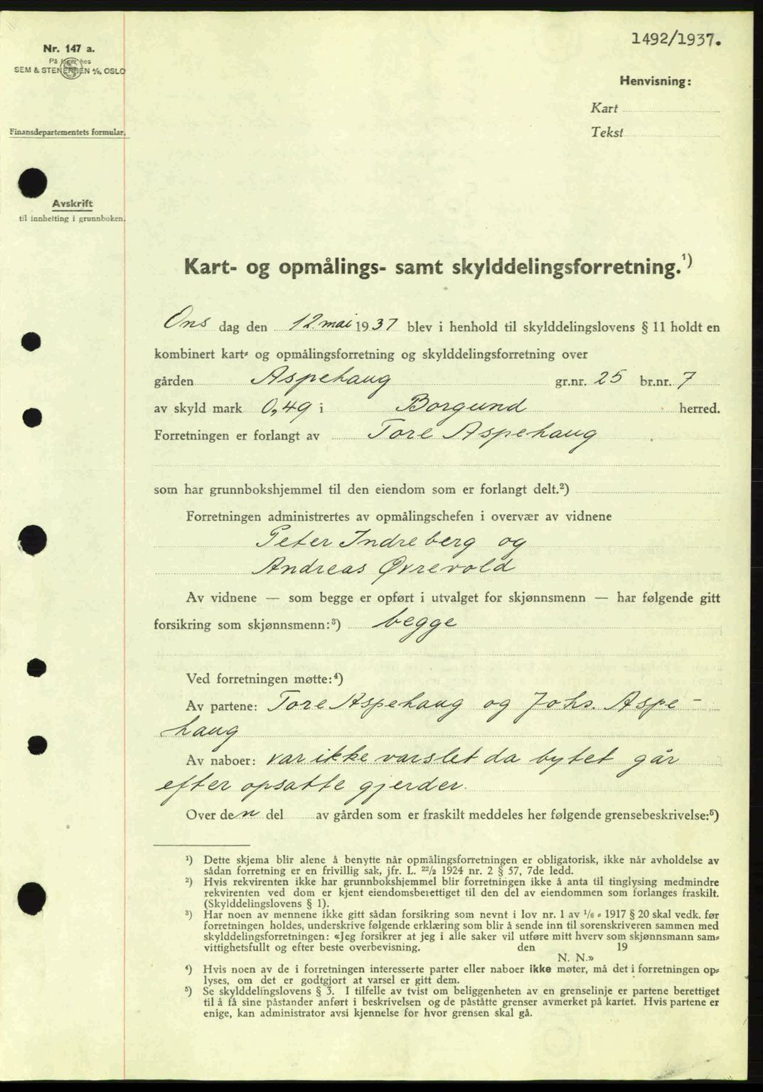 Nordre Sunnmøre sorenskriveri, SAT/A-0006/1/2/2C/2Ca: Pantebok nr. A3, 1937-1937, Dagboknr: 1492/1937