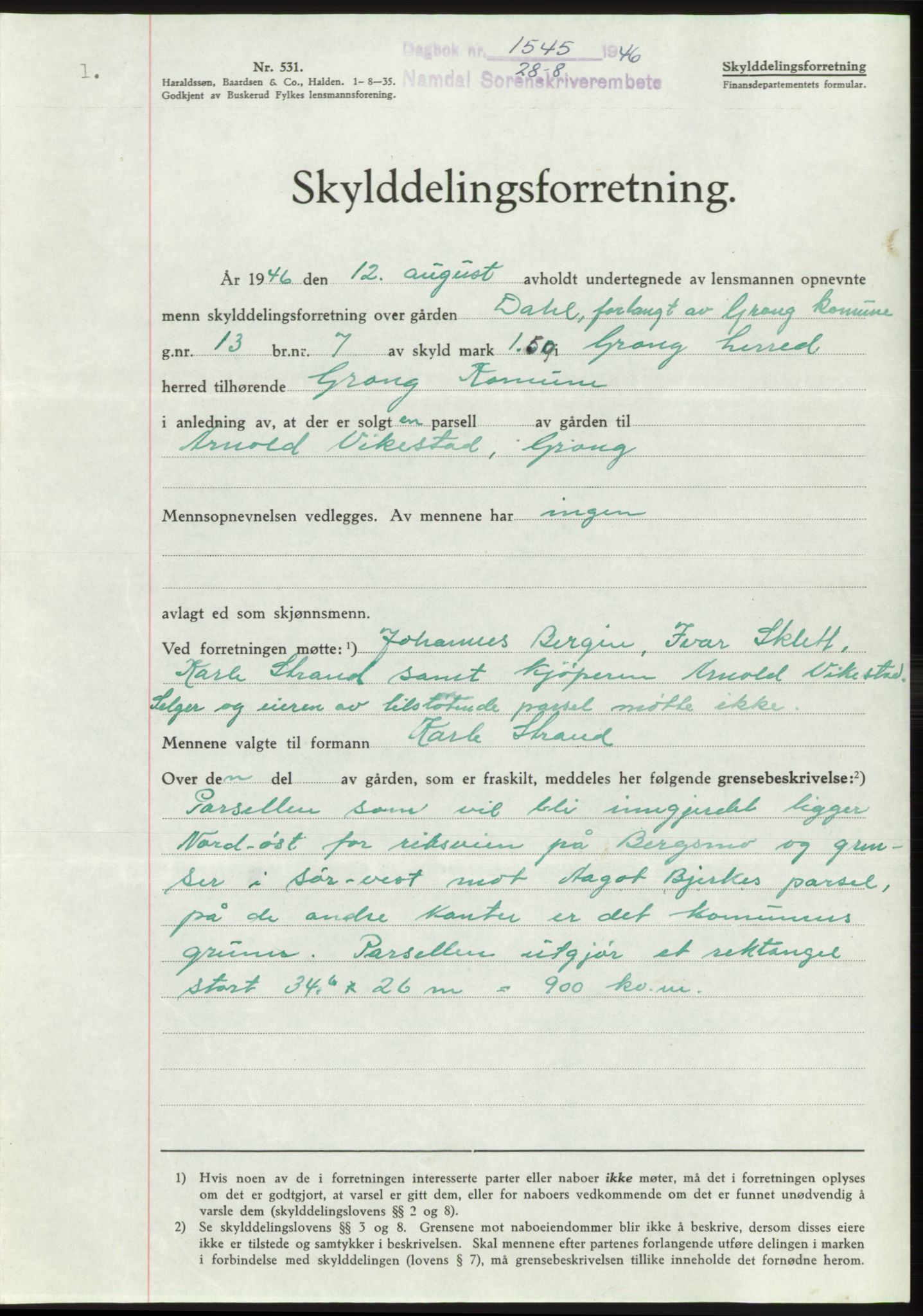 Namdal sorenskriveri, SAT/A-4133/1/2/2C: Pantebok nr. -, 1946-1946, Dagboknr: 1545/1946