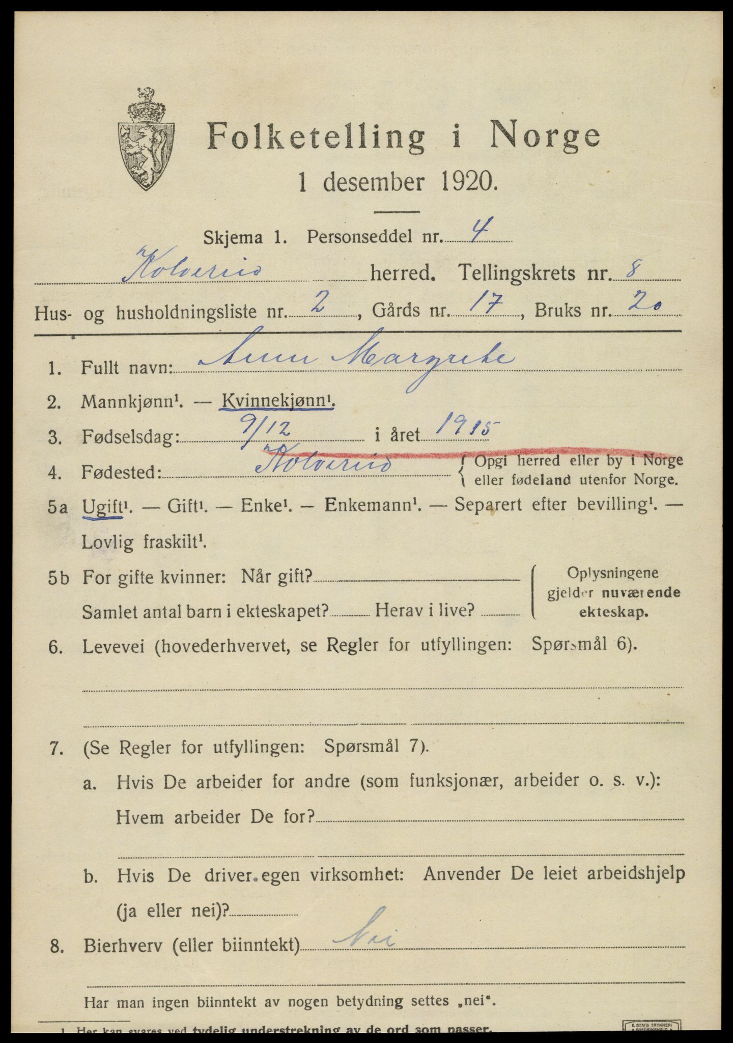 SAT, Folketelling 1920 for 1752 Kolvereid herred, 1920, s. 5101