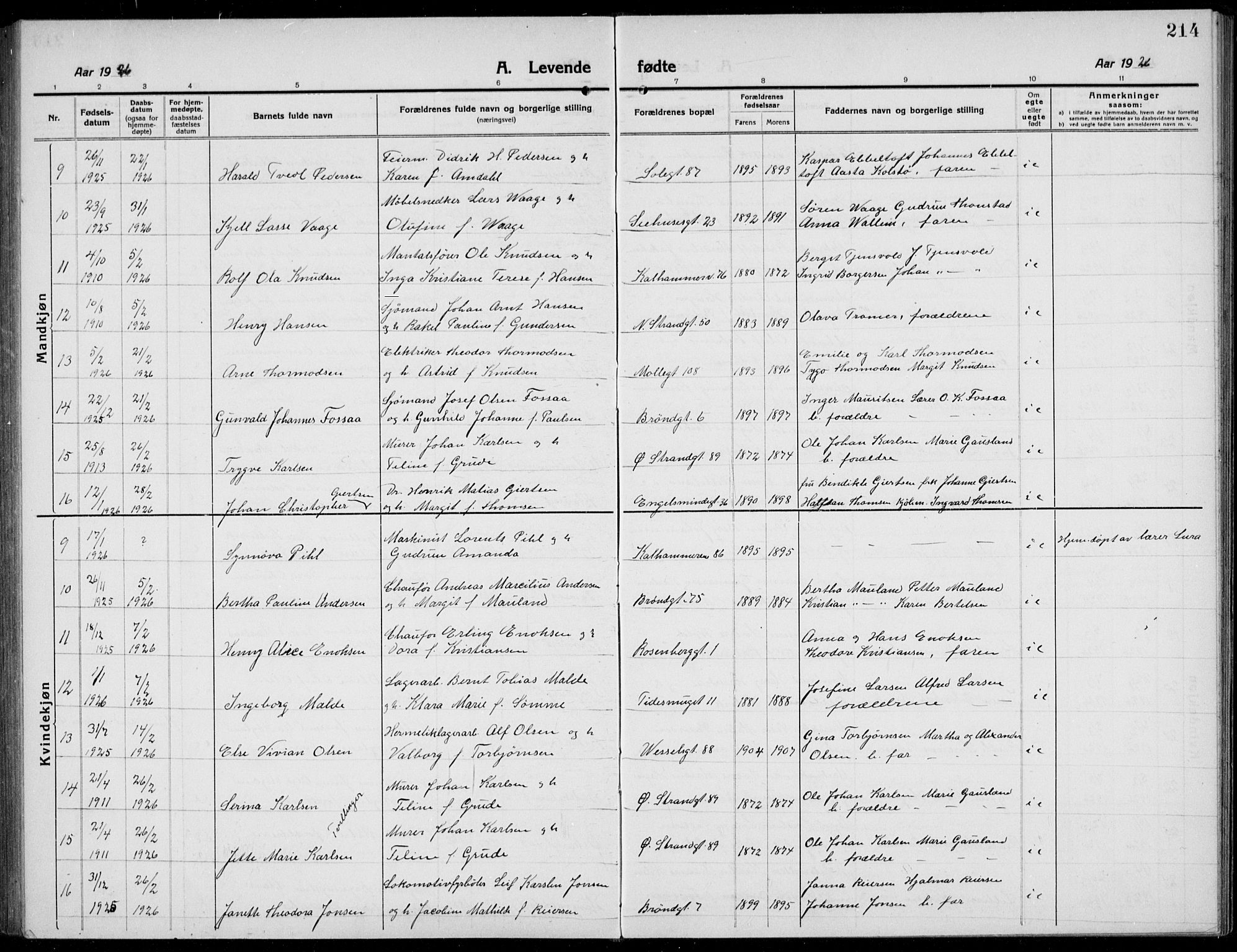 Domkirken sokneprestkontor, AV/SAST-A-101812/001/30/30BB/L0019: Klokkerbok nr. B 19, 1915-1932, s. 214