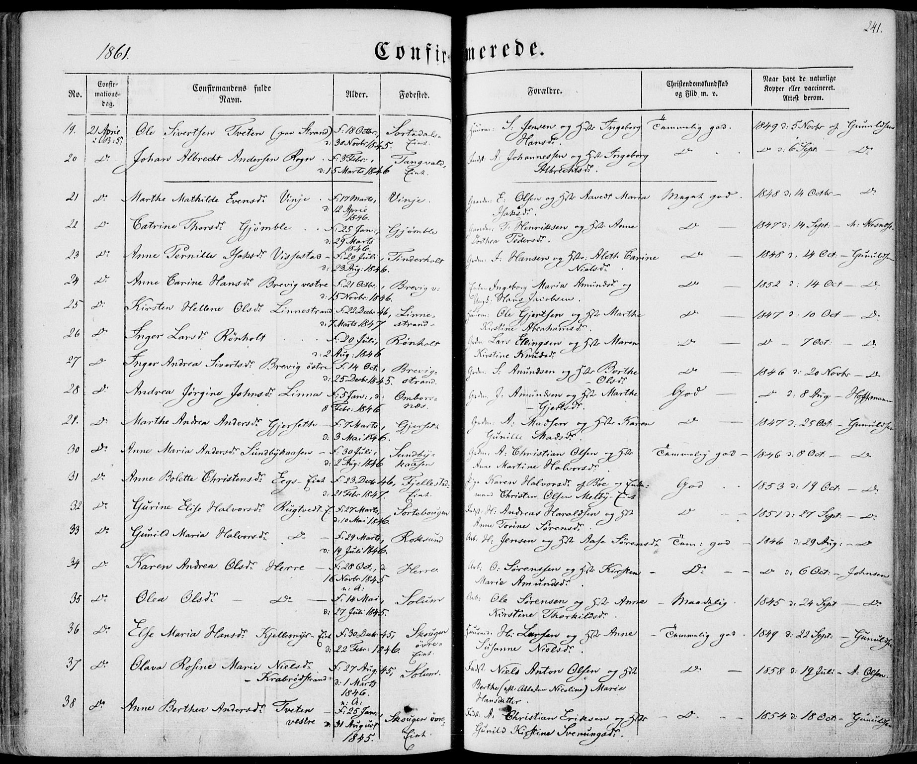 Bamble kirkebøker, AV/SAKO-A-253/F/Fa/L0005: Ministerialbok nr. I 5, 1854-1869, s. 241
