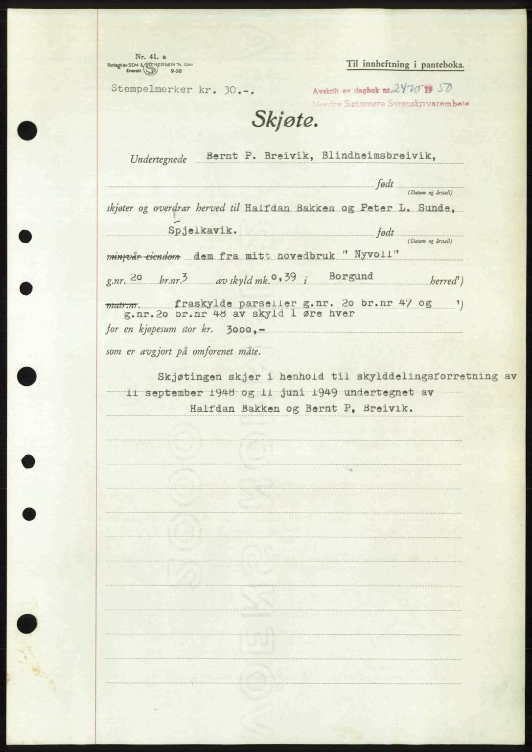 Nordre Sunnmøre sorenskriveri, AV/SAT-A-0006/1/2/2C/2Ca: Pantebok nr. A36, 1950-1950, Dagboknr: 2470/1950