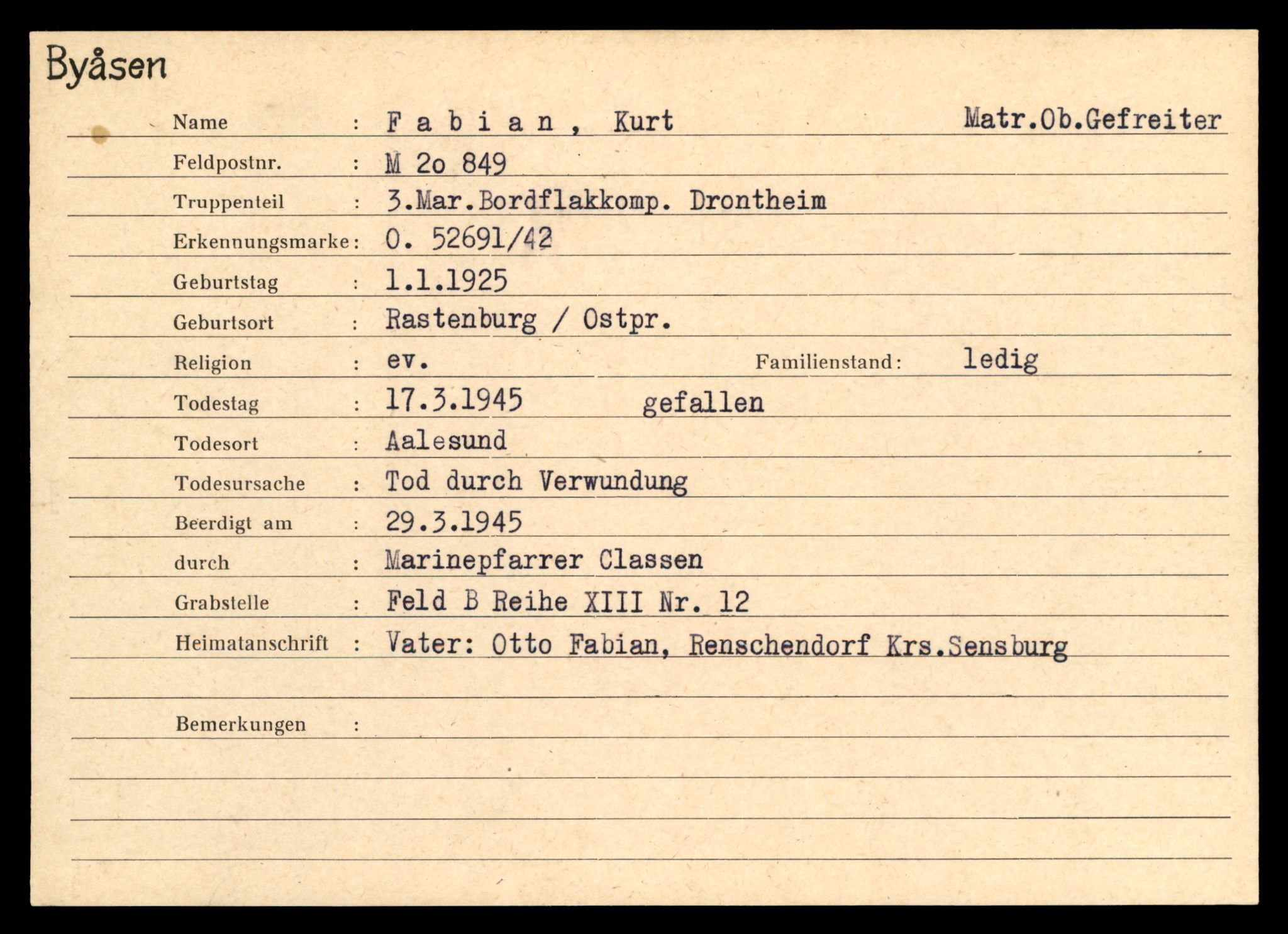 Distriktskontoret for krigsgraver, SAT/A-5030/E/L0004: Kasett/kartotek over tysk Krigskirkegård på Byåsen, 1945, s. 379