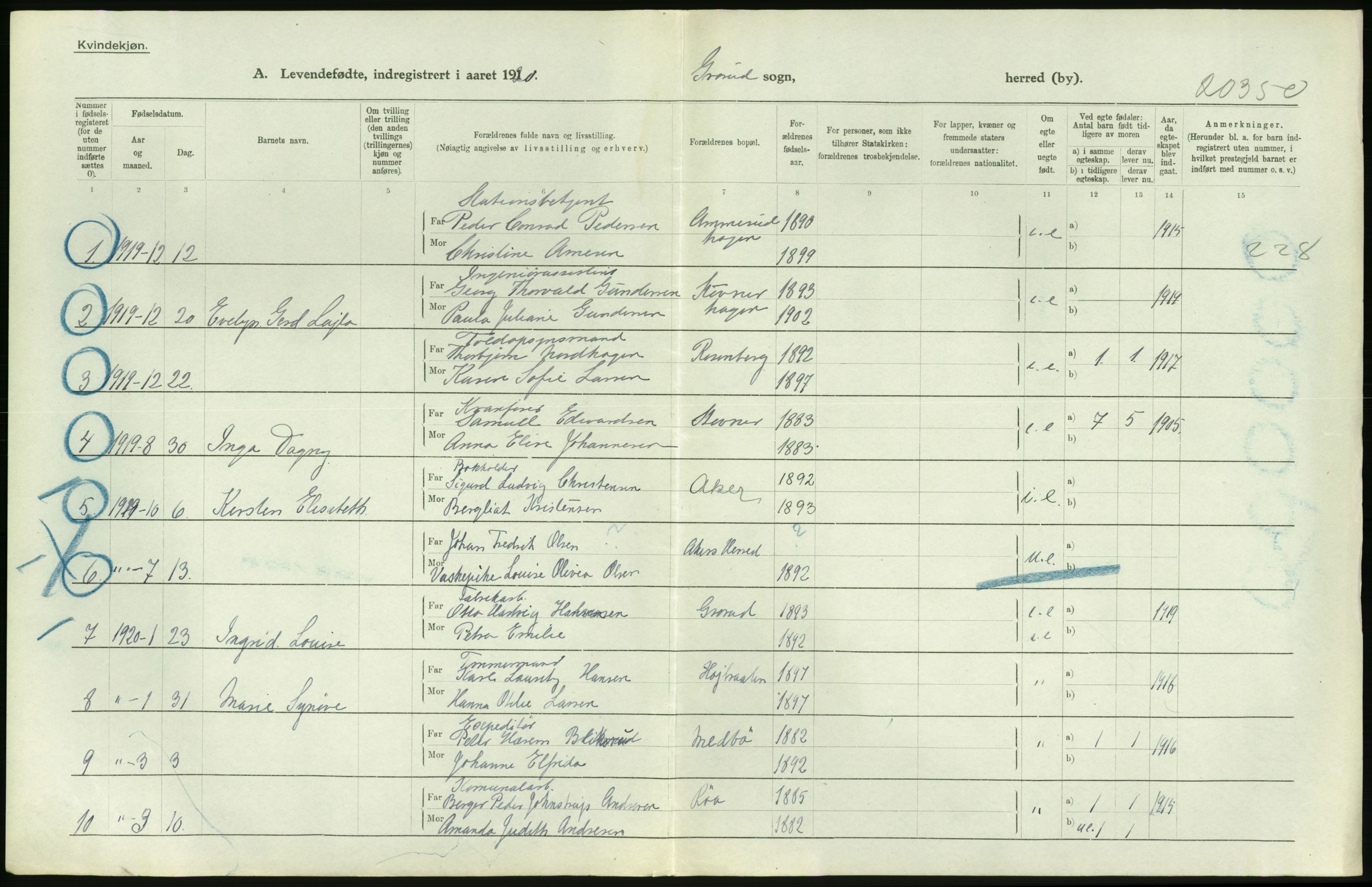 Statistisk sentralbyrå, Sosiodemografiske emner, Befolkning, RA/S-2228/D/Df/Dfb/Dfbj/L0004: Akershus fylke: Levendefødte menn og kvinner. Bygder., 1920, s. 168