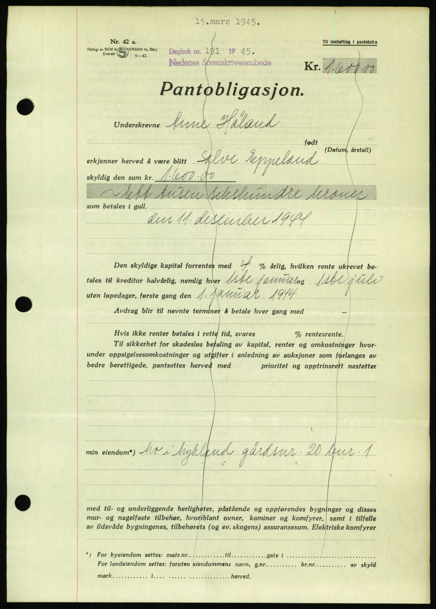 Nedenes sorenskriveri, SAK/1221-0006/G/Gb/Gbb/L0002: Pantebok nr. II, 1942-1945, Dagboknr: 191/1945