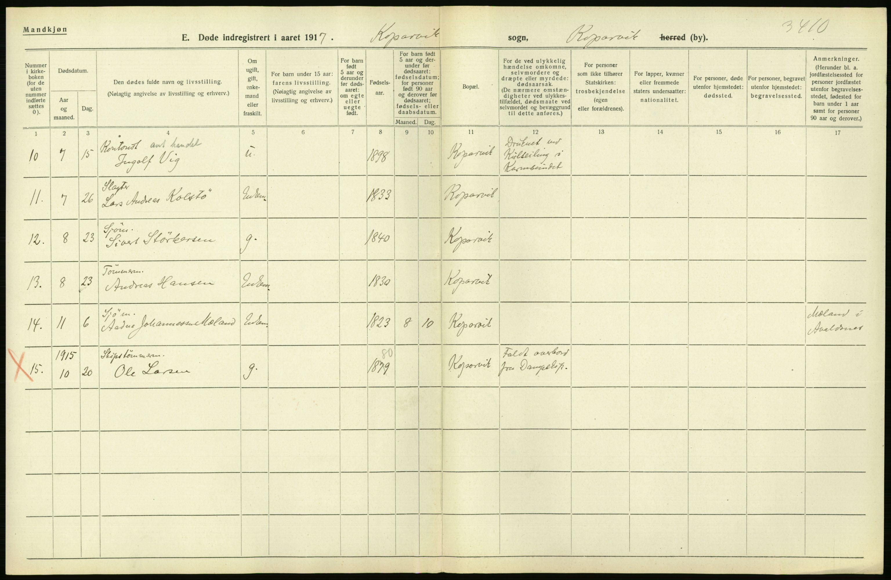 Statistisk sentralbyrå, Sosiodemografiske emner, Befolkning, RA/S-2228/D/Df/Dfb/Dfbg/L0033: Stavanger amt: Døde, dødfødte. Bygder og byer., 1917, s. 460