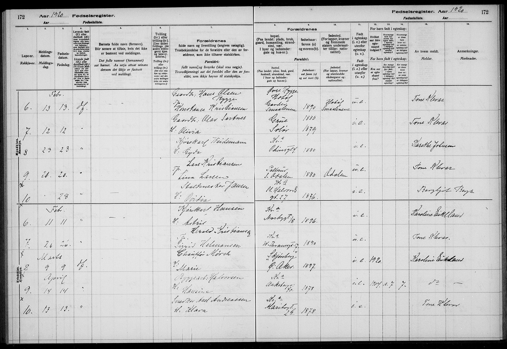 Rikshospitalet prestekontor Kirkebøker, AV/SAO-A-10309b/J/L0005: Fødselsregister nr. 5, 1920-1920, s. 172