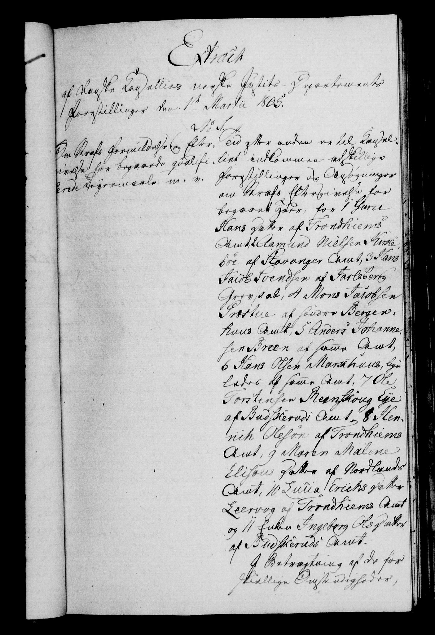 Danske Kanselli 1800-1814, RA/EA-3024/H/Hf/Hfa/Hfaa/L0006: Ekstrakt av forestillinger, 1805