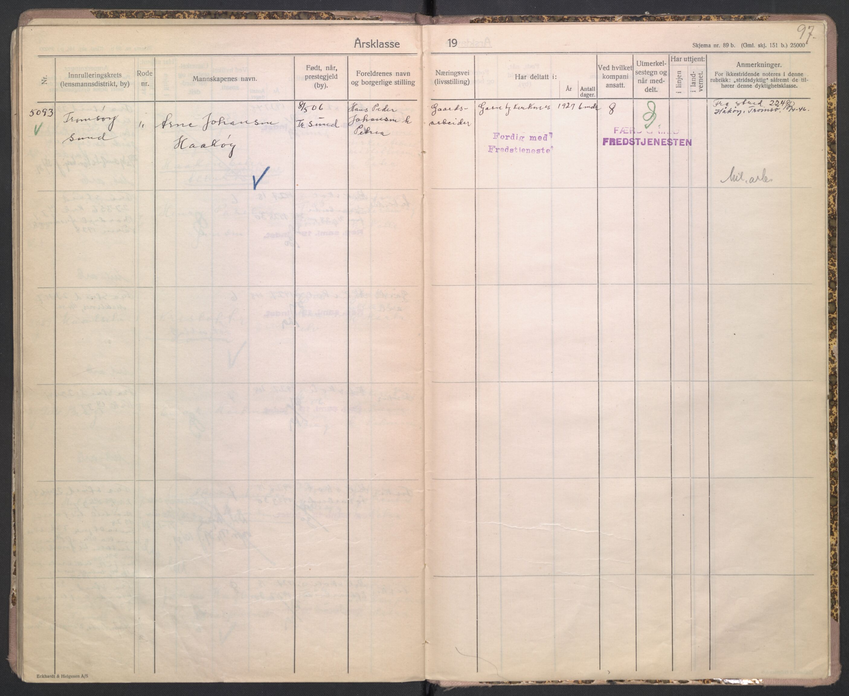 Forsvaret, Troms infanteriregiment nr. 16, AV/RA-RAFA-3146/P/Pa/L0004/0004: Ruller / Rulle for Bardu bataljons menige mannskaper, årsklasse 1927, 1927, s. 97