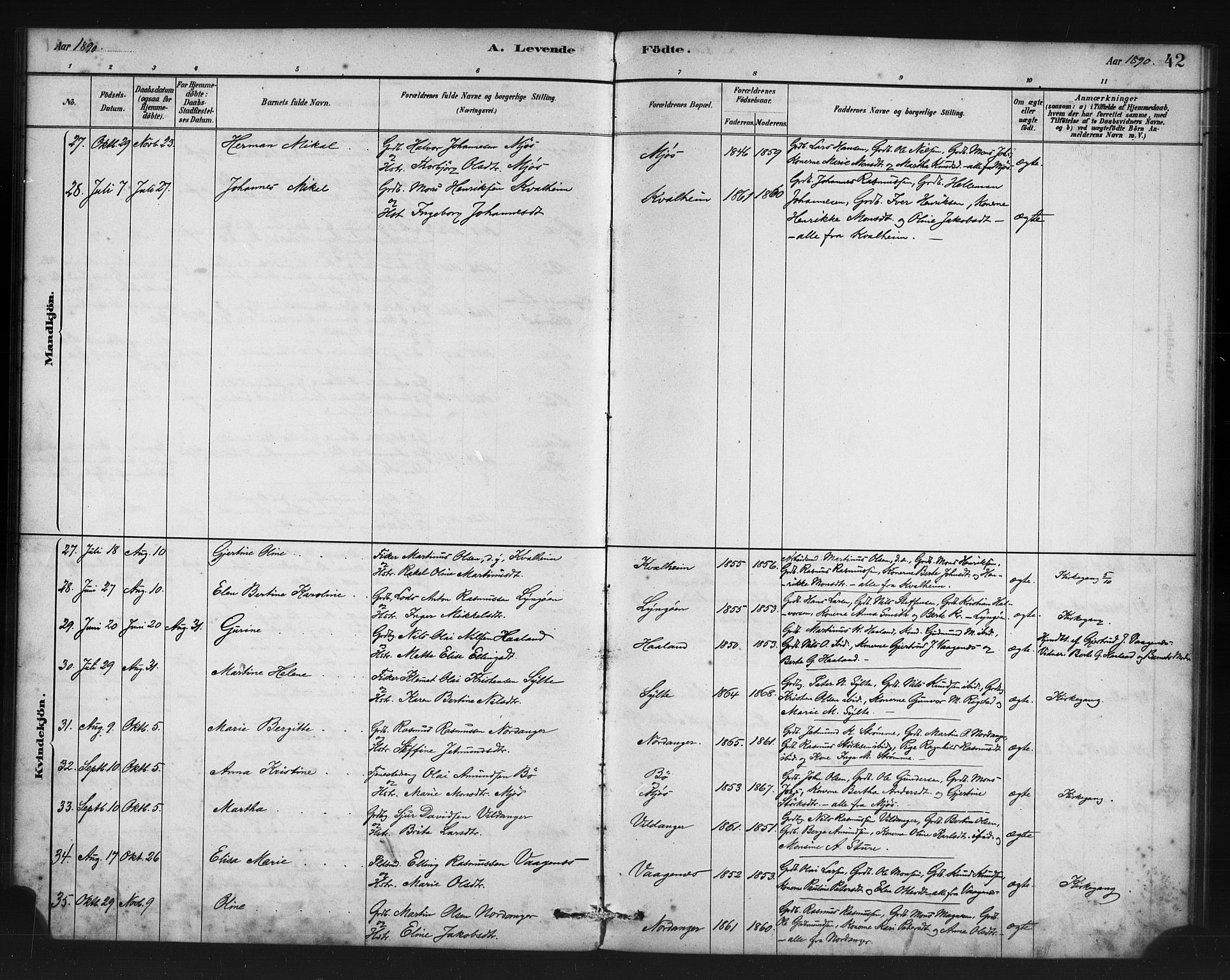 Manger sokneprestembete, AV/SAB-A-76801/H/Haa: Ministerialbok nr. C 1, 1881-1890, s. 42