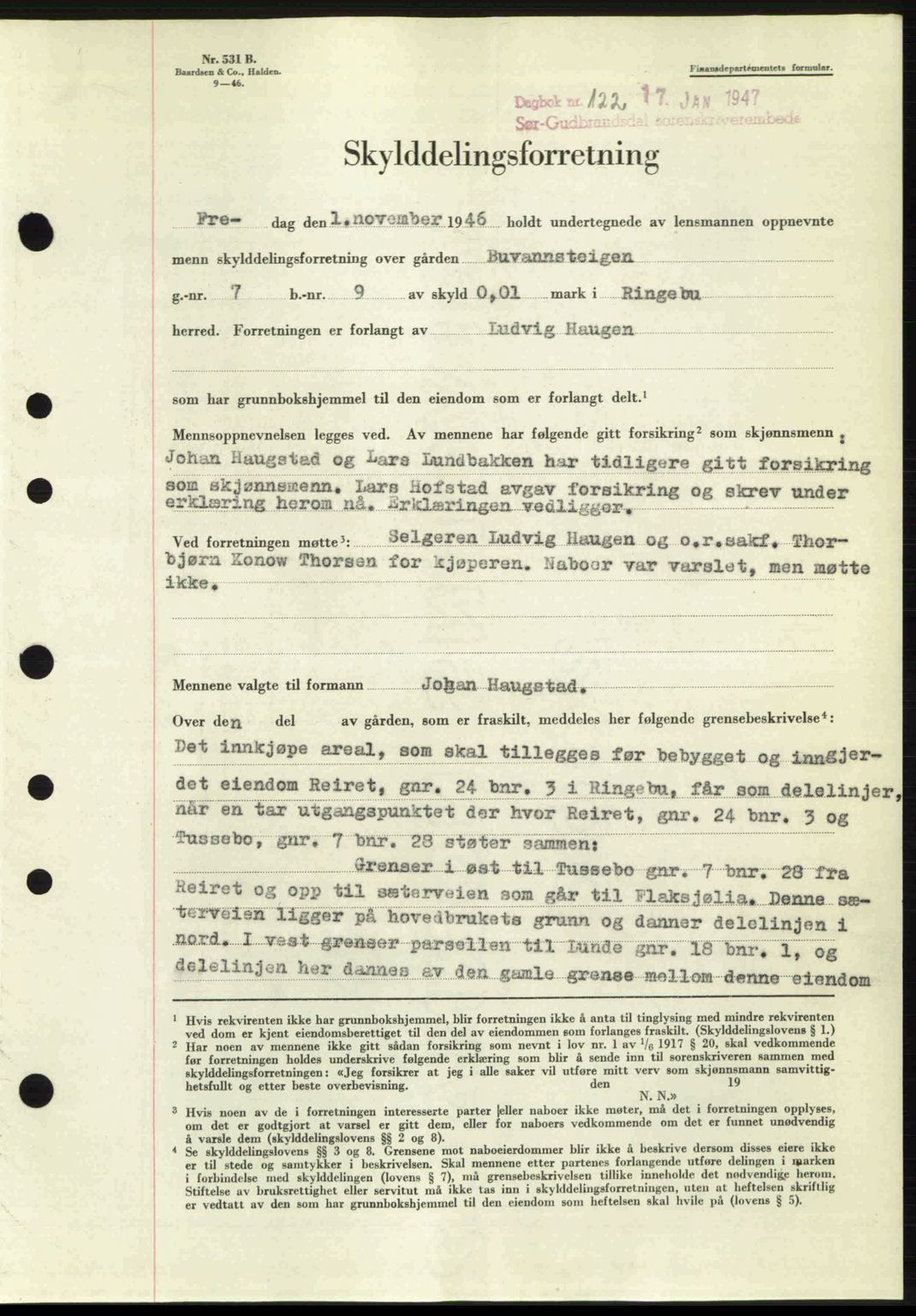 Sør-Gudbrandsdal tingrett, SAH/TING-004/H/Hb/Hbd/L0017: Pantebok nr. A17, 1946-1947, Dagboknr: 122/1947