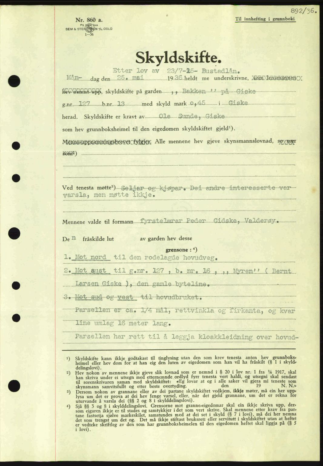 Nordre Sunnmøre sorenskriveri, AV/SAT-A-0006/1/2/2C/2Ca: Pantebok nr. A1, 1936-1936, Dagboknr: 892/1936