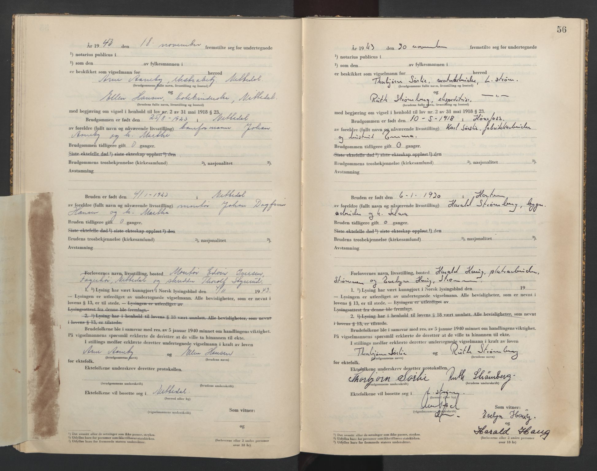 Nedre Romerike sorenskriveri, SAO/A-10469/L/Lb/L0004: Vigselsbok - borgerlige vielser, 1943-1944, s. 56