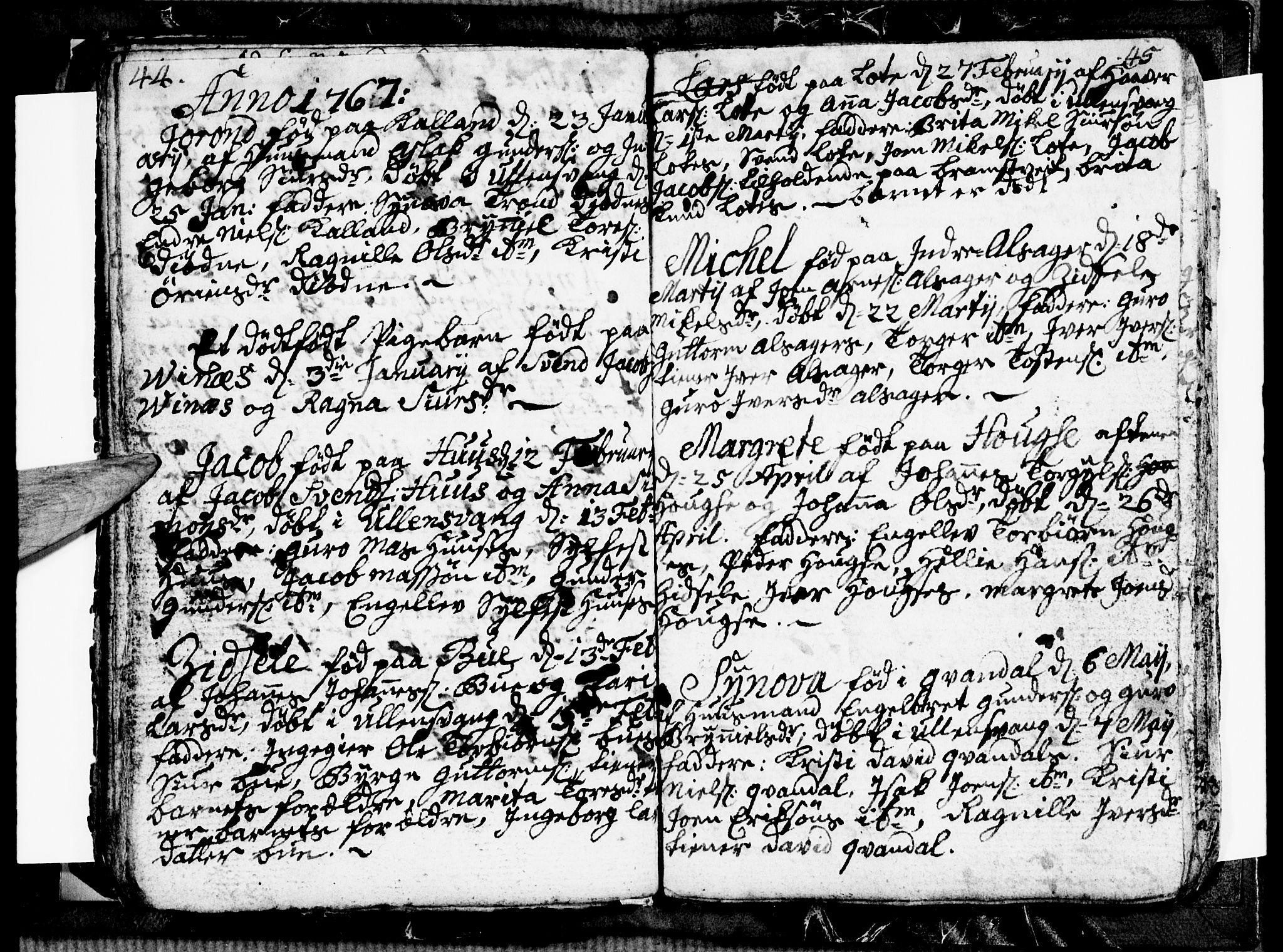 Ullensvang sokneprestembete, SAB/A-78701/H/Hab: Klokkerbok nr. E 1, 1766-1769, s. 44-45