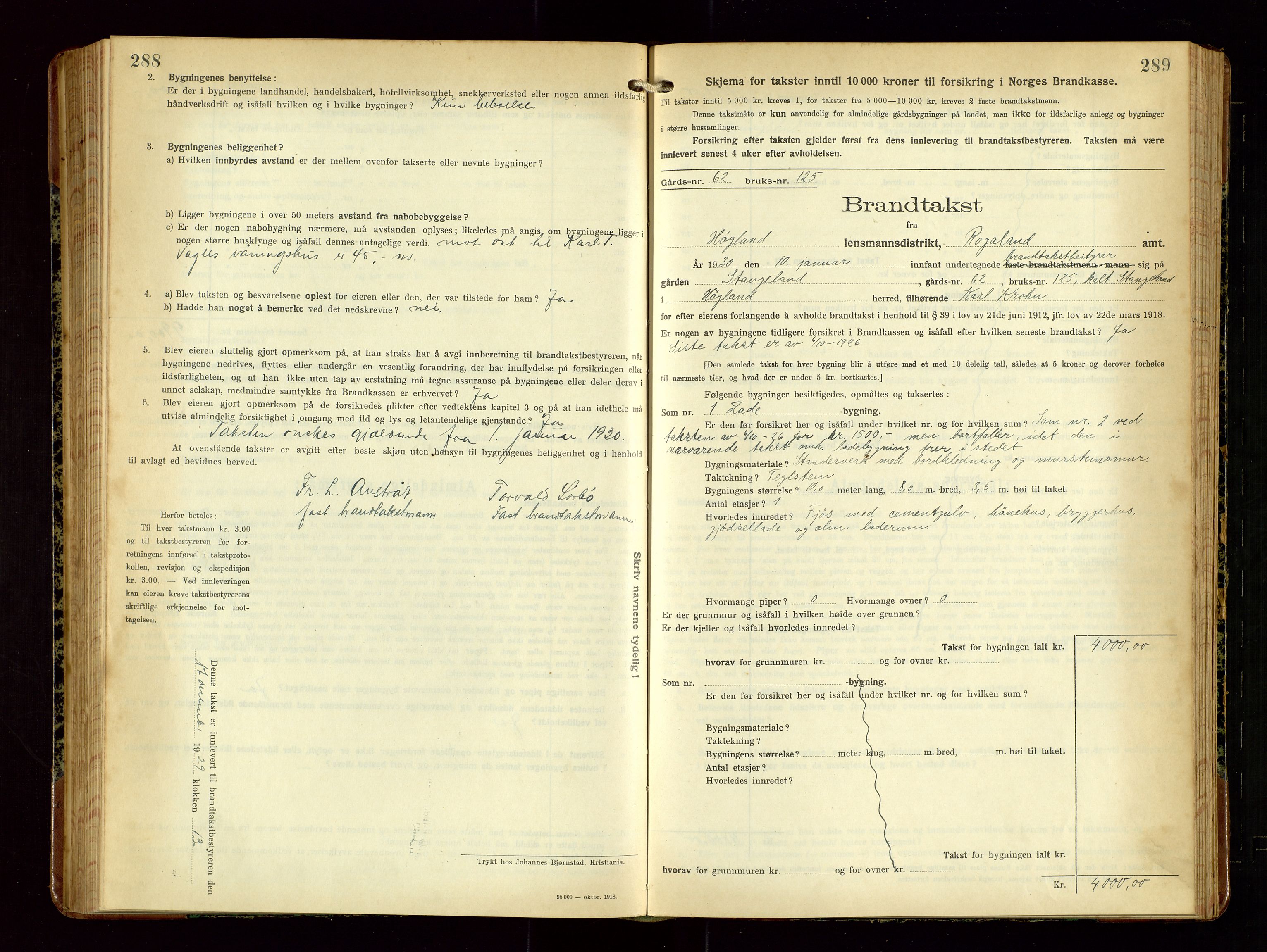 Høyland/Sandnes lensmannskontor, SAST/A-100166/Gob/L0004: "Brandtakstprotokol", 1924-1933, s. 288-289