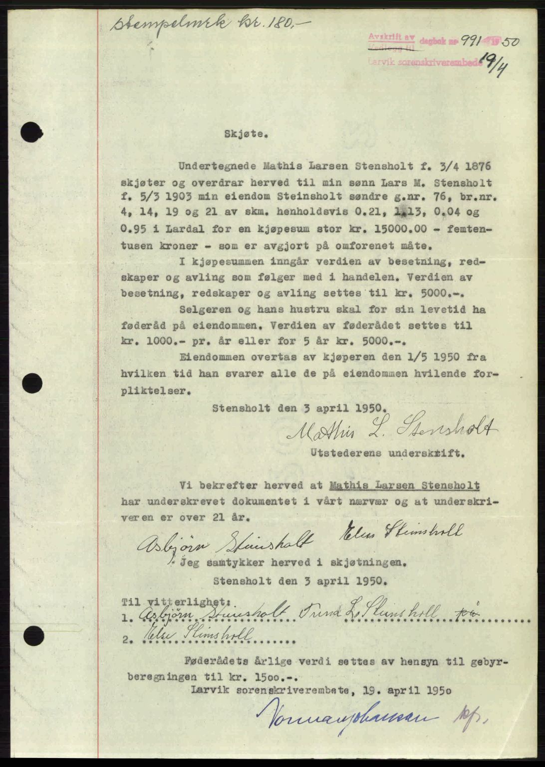 Larvik sorenskriveri, AV/SAKO-A-83/G/Ga/Gab/L0091: Pantebok nr. A-25, 1949-1950, Dagboknr: 991/1950