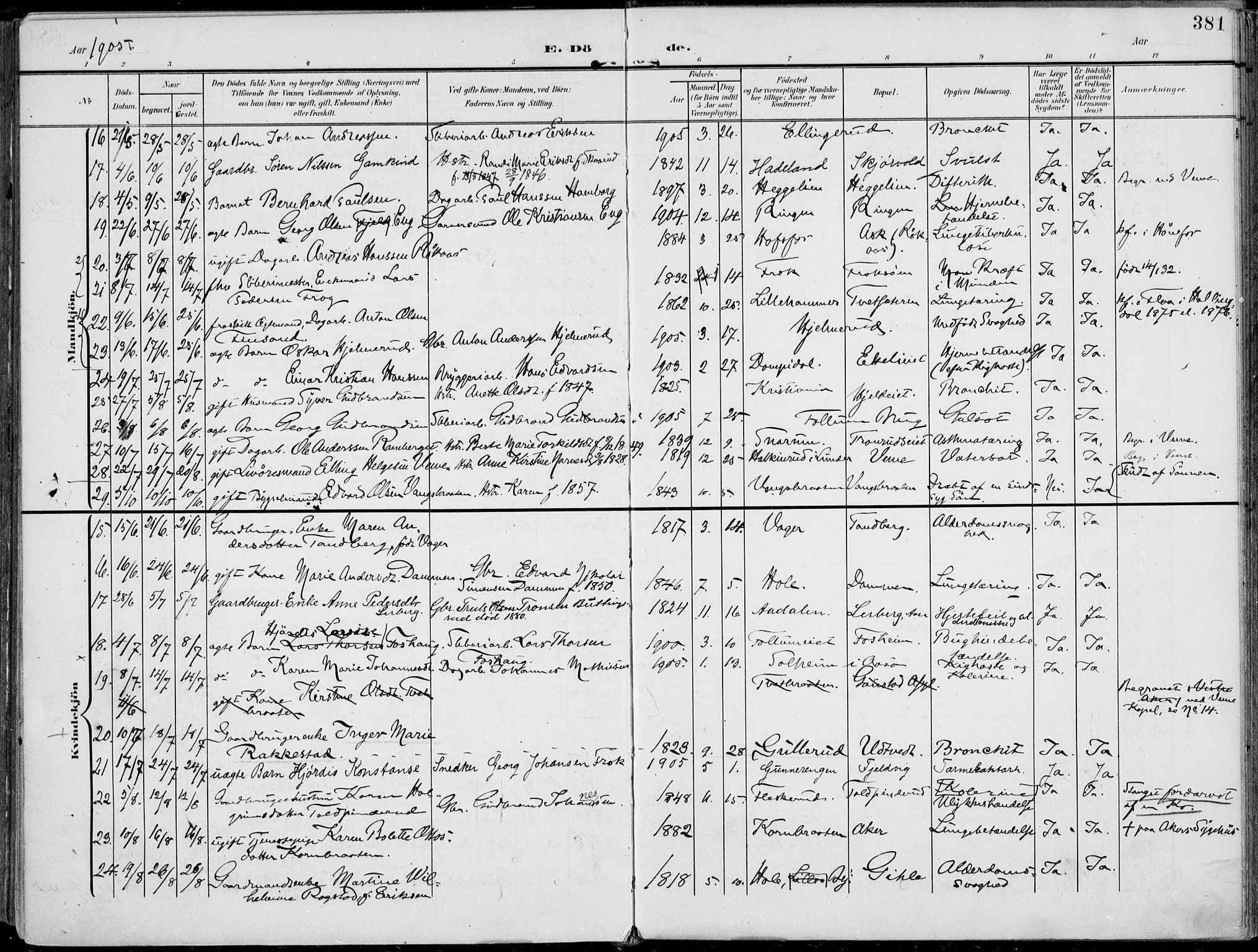 Norderhov kirkebøker, AV/SAKO-A-237/F/Fa/L0017: Ministerialbok nr. 17, 1903-1919, s. 381