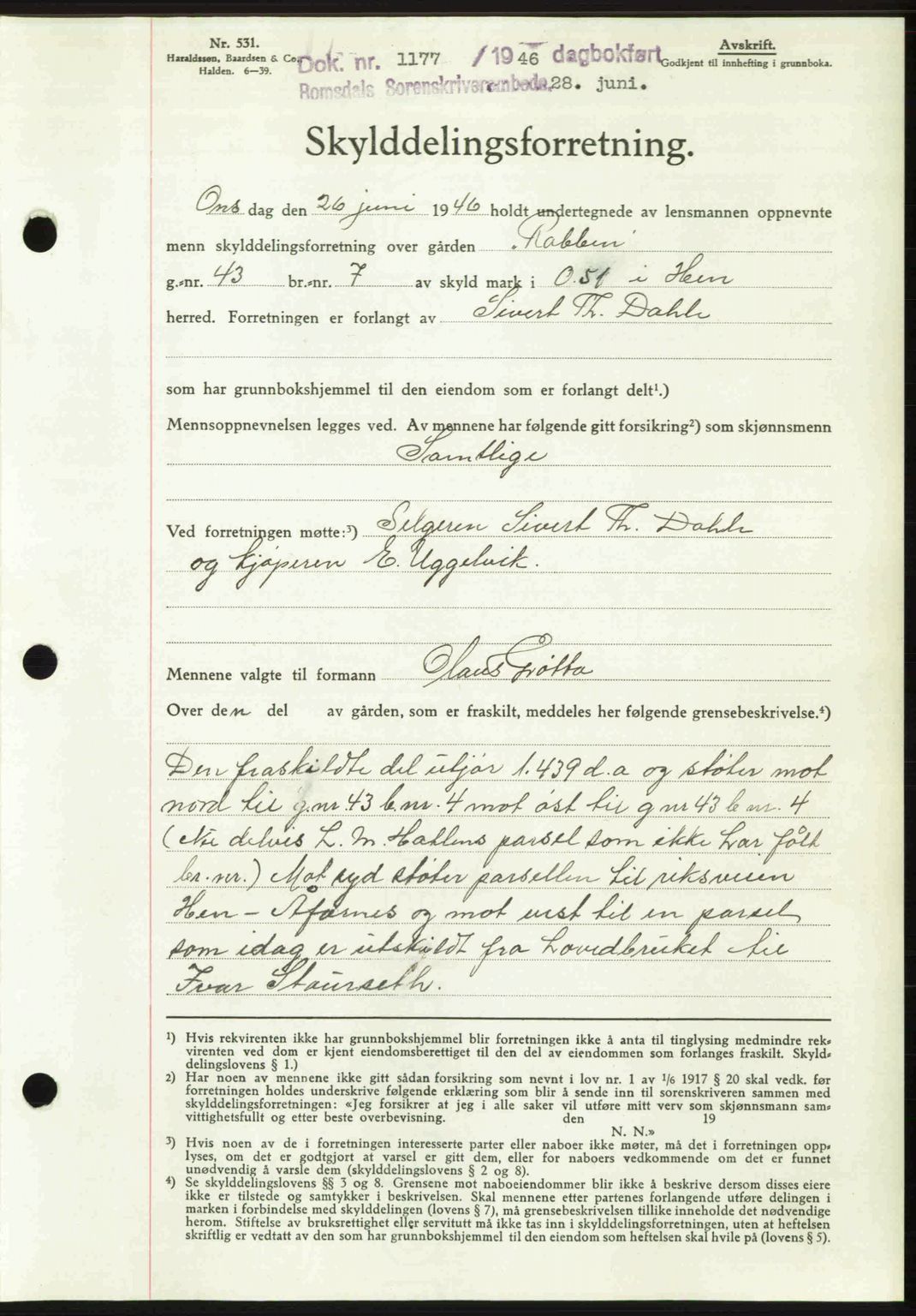 Romsdal sorenskriveri, AV/SAT-A-4149/1/2/2C: Pantebok nr. A20, 1946-1946, Dagboknr: 1177/1946