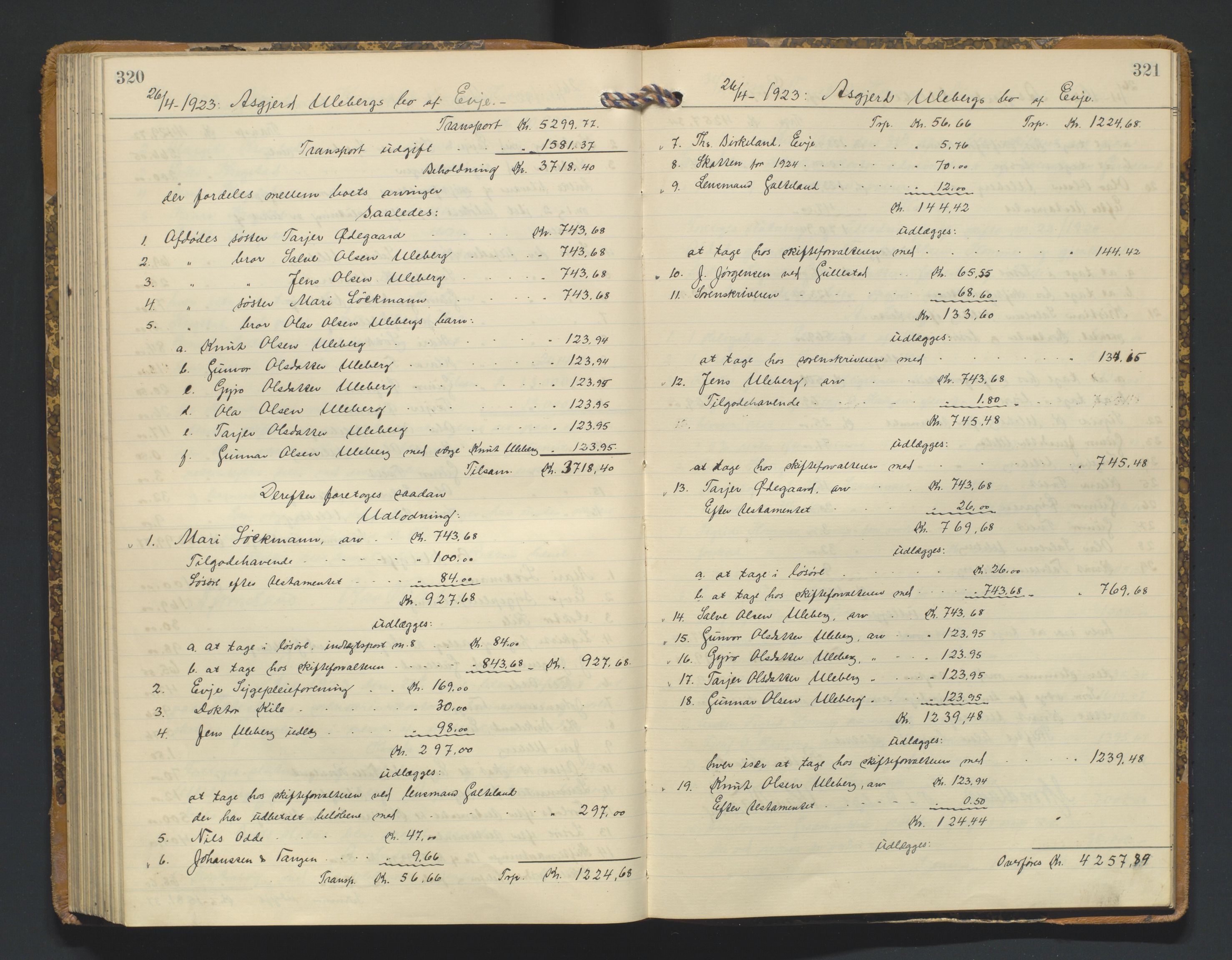 Setesdal sorenskriveri, SAK/1221-0011/H/Hc/L0050: Skifteutlodningsprotokoll nr 4, med register, 1914-1924, s. 320-321