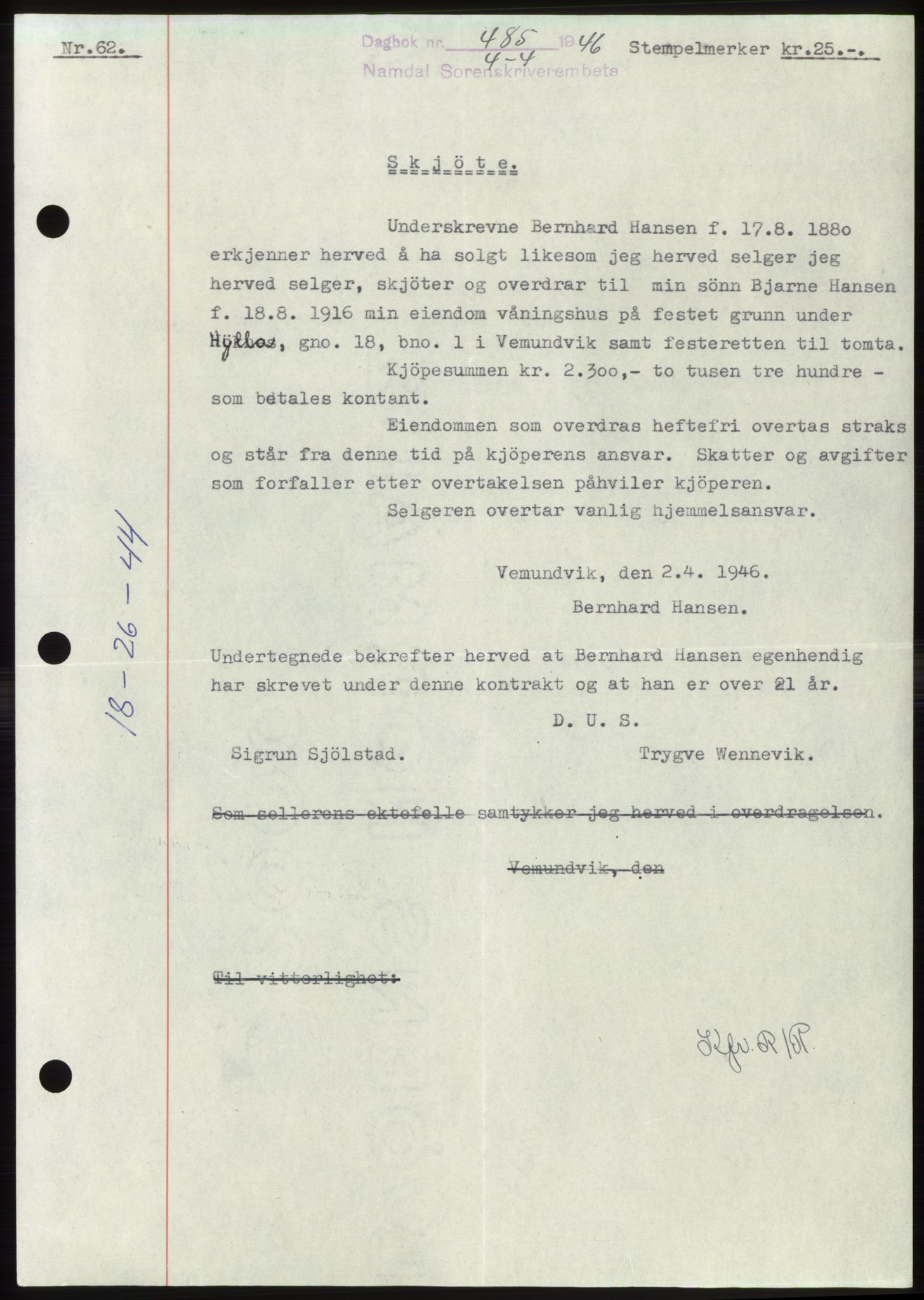 Namdal sorenskriveri, SAT/A-4133/1/2/2C: Pantebok nr. -, 1946-1946, Dagboknr: 485/1946