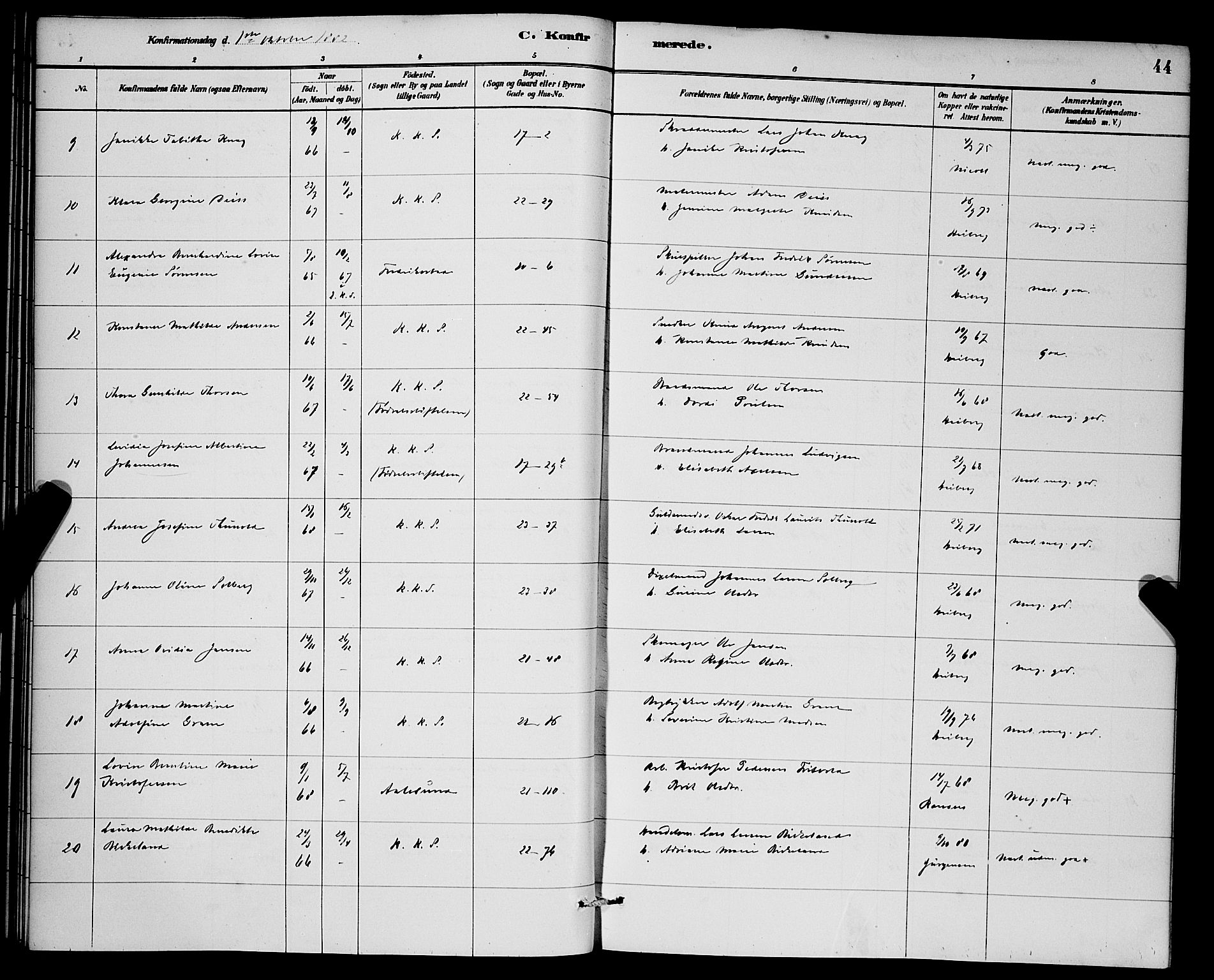 Korskirken sokneprestembete, AV/SAB-A-76101/H/Hab: Klokkerbok nr. C 3, 1880-1892, s. 44