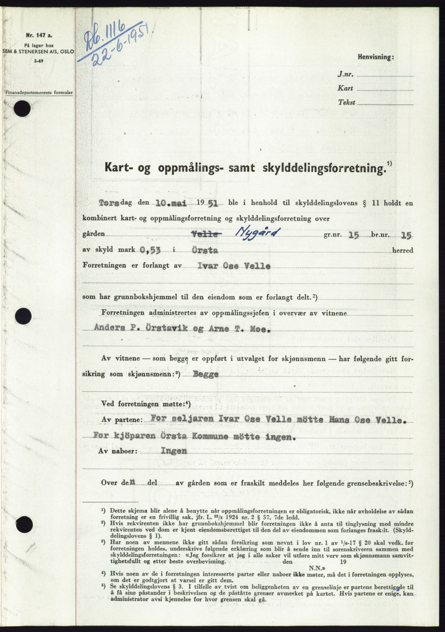Søre Sunnmøre sorenskriveri, SAT/A-4122/1/2/2C/L0089: Pantebok nr. 15A, 1951-1951, Dagboknr: 1116/1951