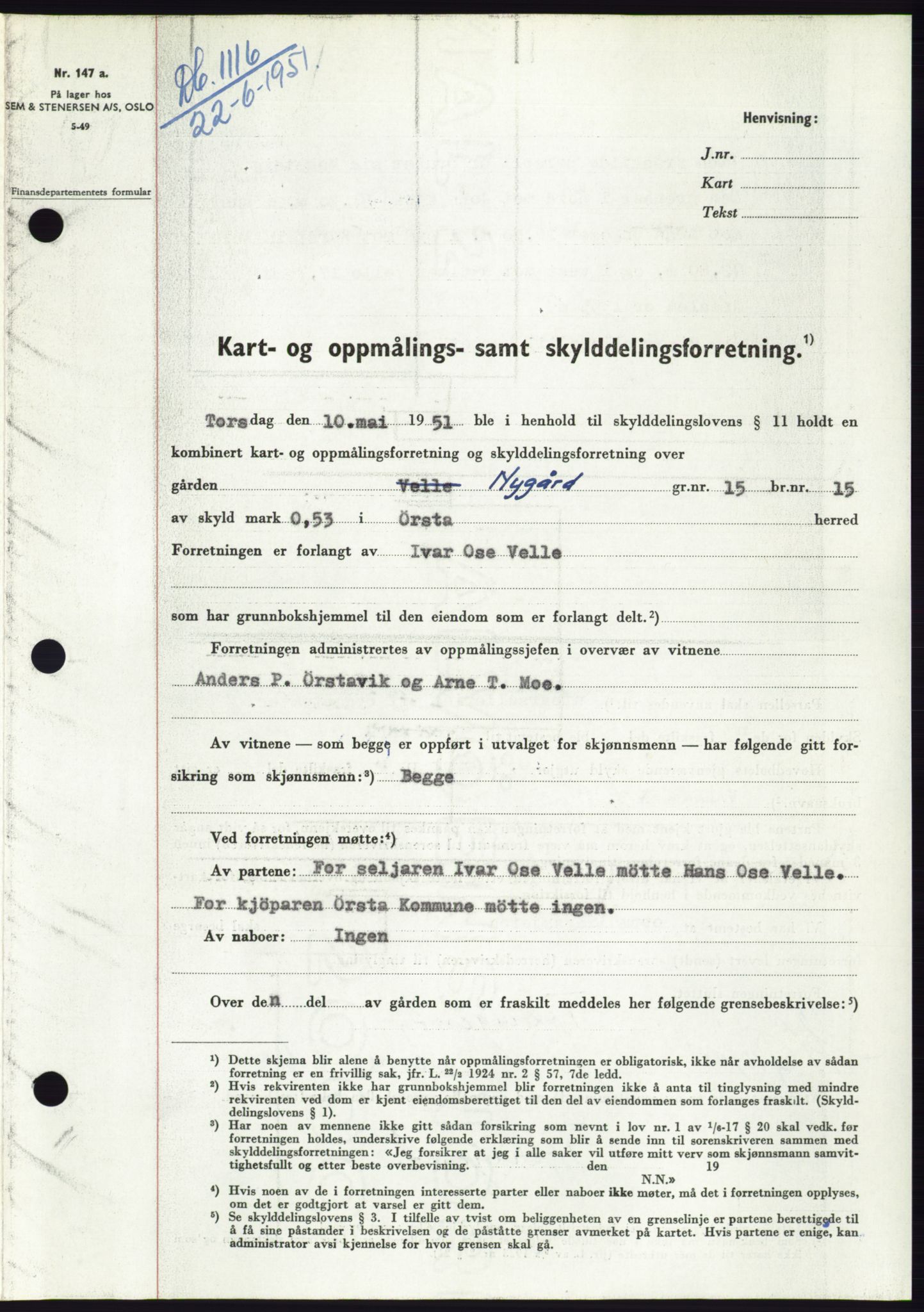 Søre Sunnmøre sorenskriveri, AV/SAT-A-4122/1/2/2C/L0089: Pantebok nr. 15A, 1951-1951, Dagboknr: 1116/1951