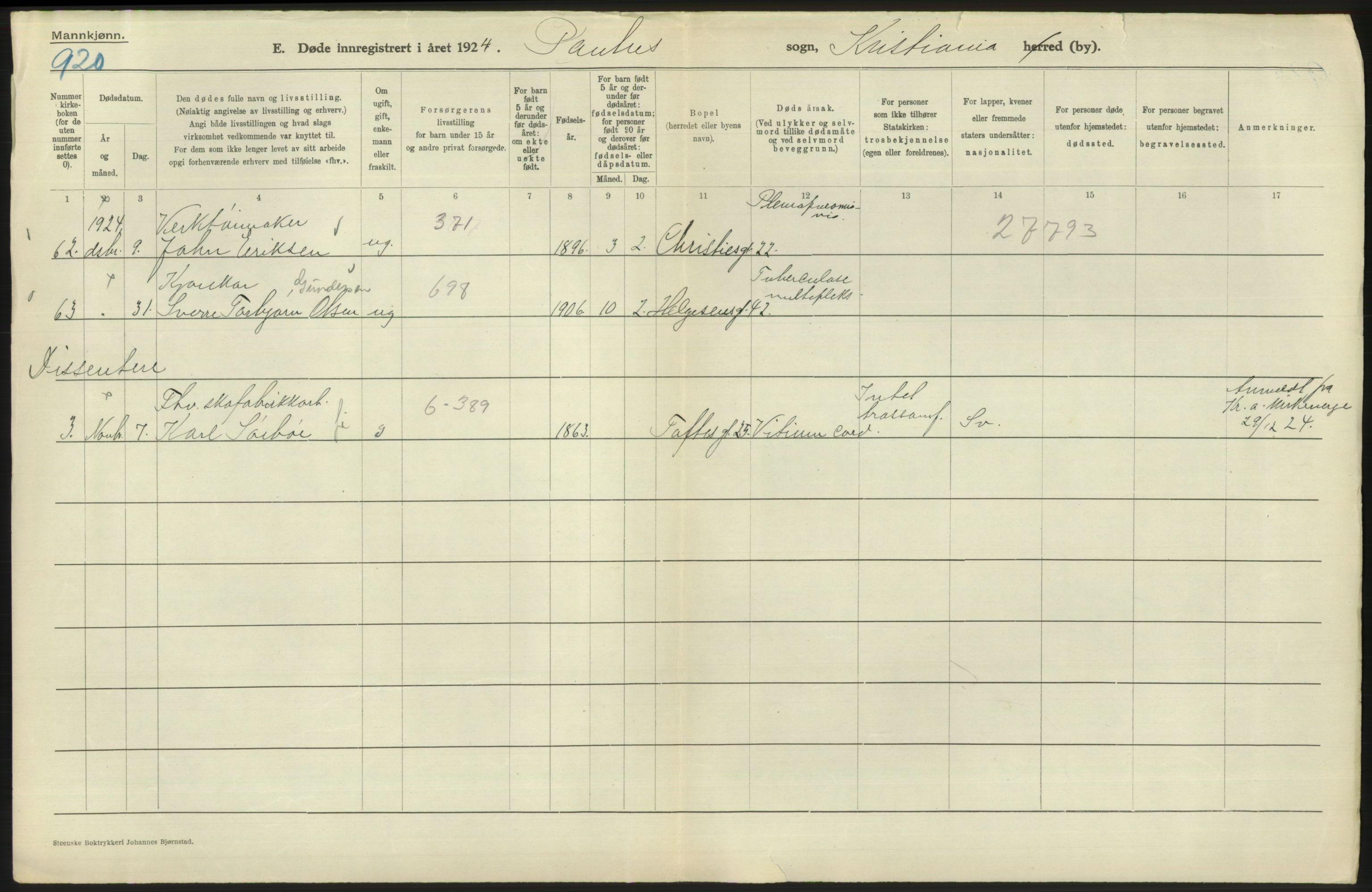 Statistisk sentralbyrå, Sosiodemografiske emner, Befolkning, AV/RA-S-2228/D/Df/Dfc/Dfcd/L0008: Kristiania: Døde menn, 1924, s. 254