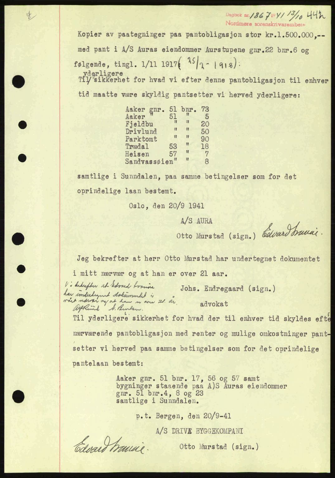 Nordmøre sorenskriveri, SAT/A-4132/1/2/2Ca: Pantebok nr. B88, 1941-1942, Dagboknr: 1867/1941