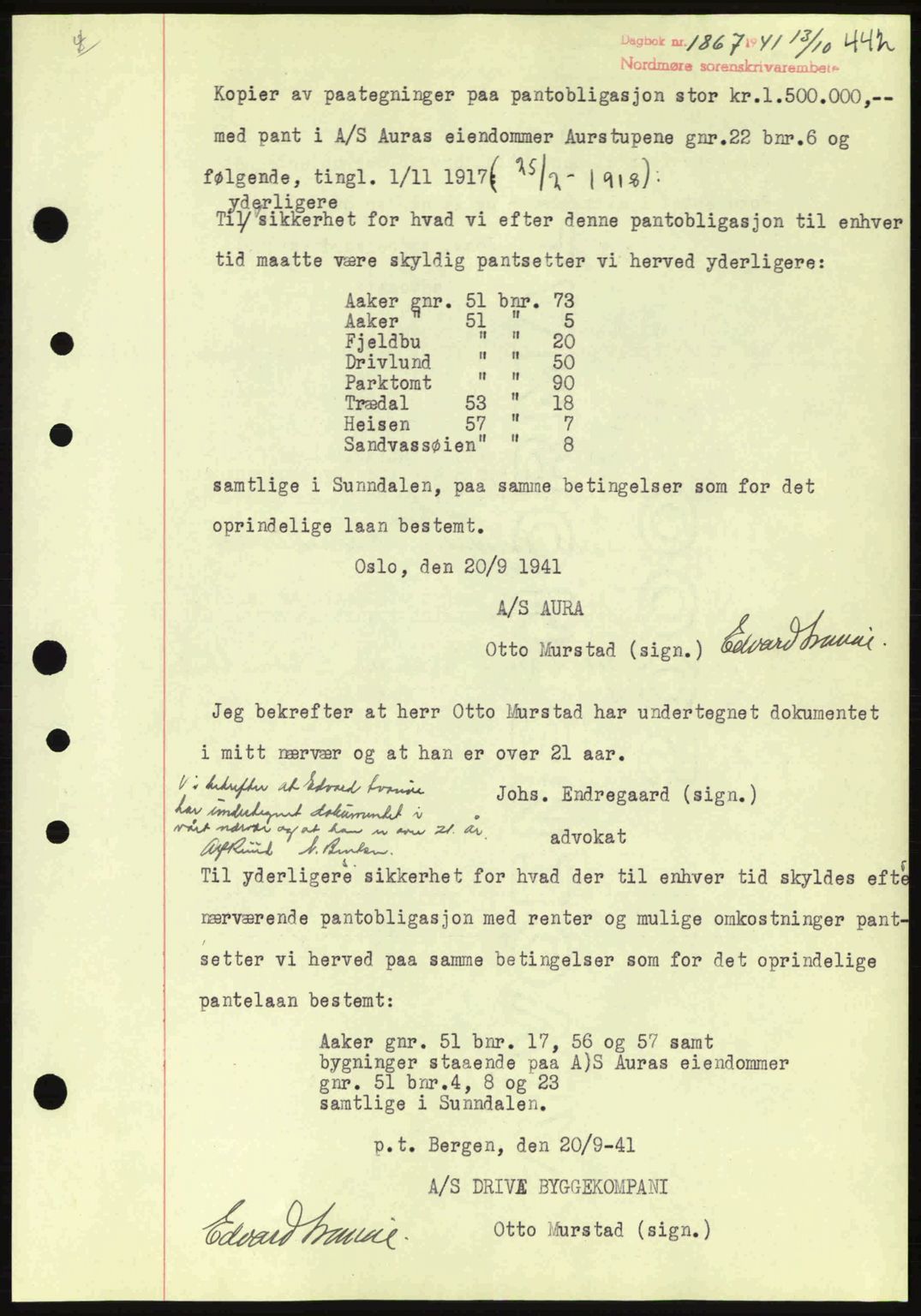 Nordmøre sorenskriveri, AV/SAT-A-4132/1/2/2Ca: Pantebok nr. B88, 1941-1942, Dagboknr: 1867/1941