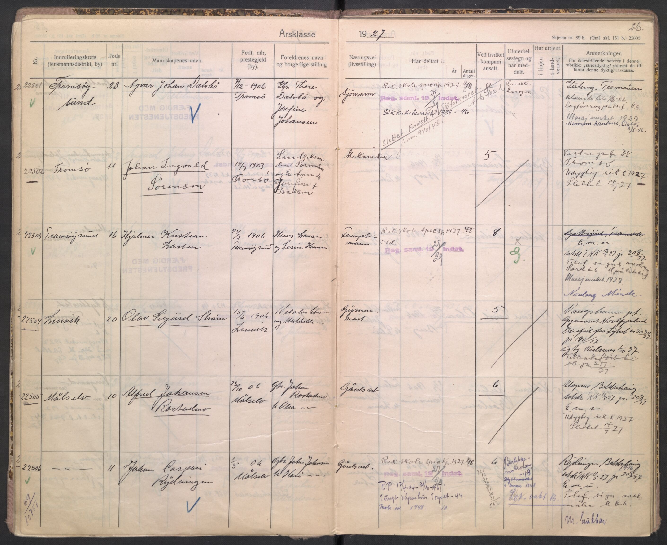 Forsvaret, Troms infanteriregiment nr. 16, AV/RA-RAFA-3146/P/Pa/L0004/0004: Ruller / Rulle for Bardu bataljons menige mannskaper, årsklasse 1927, 1927, s. 26