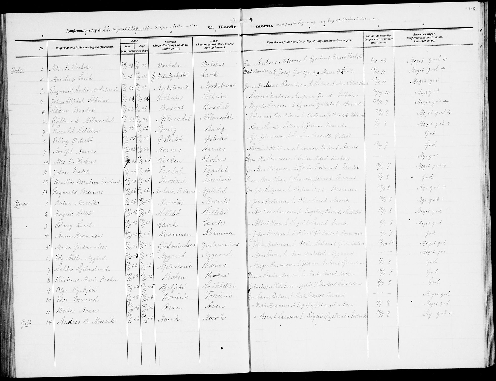 Lavik sokneprestembete, AV/SAB-A-80901: Klokkerbok nr. A 3, 1911-1942, s. 104