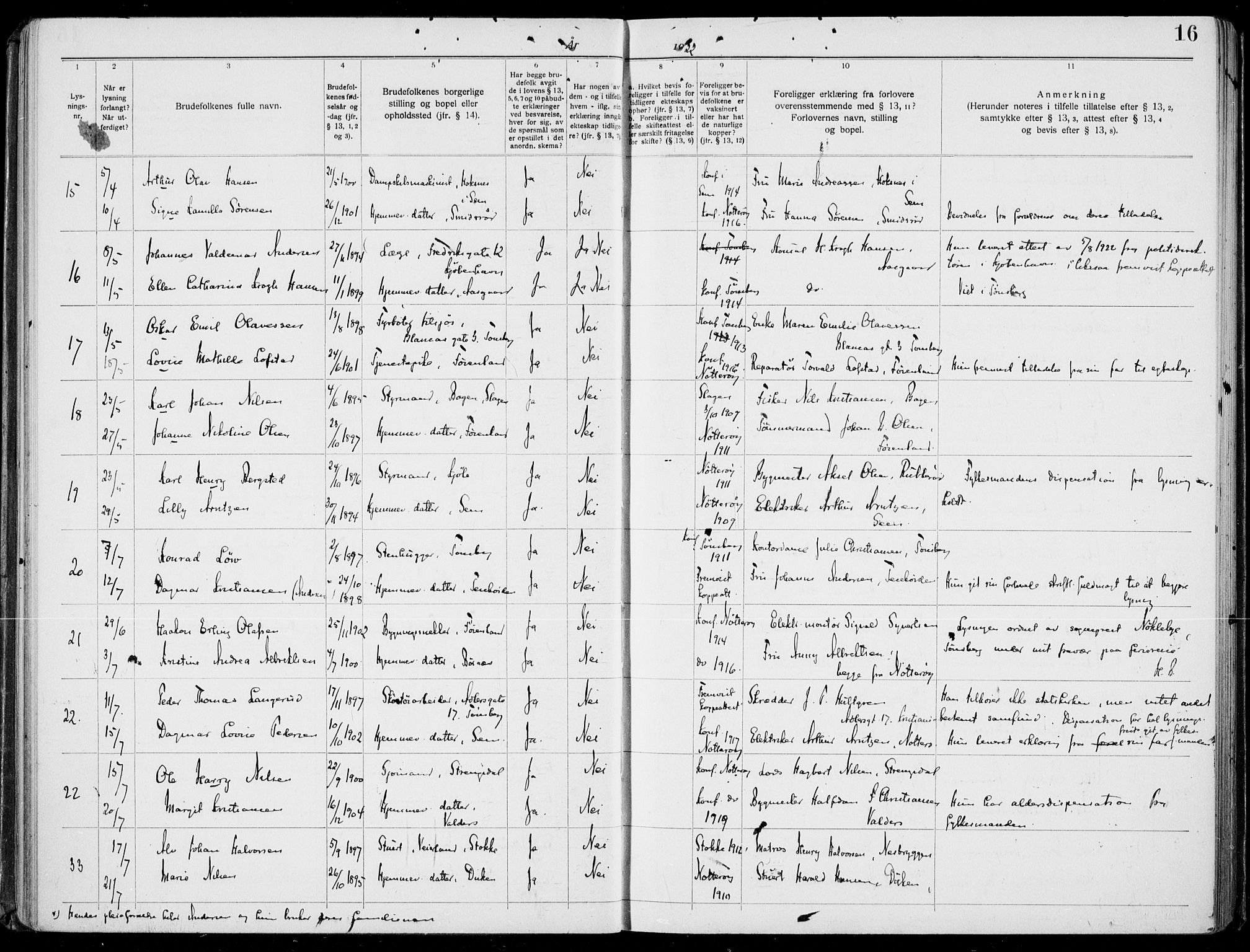 Nøtterøy kirkebøker, AV/SAKO-A-354/H/Ha/L0001: Lysningsprotokoll nr. 1, 1919-1937, s. 16