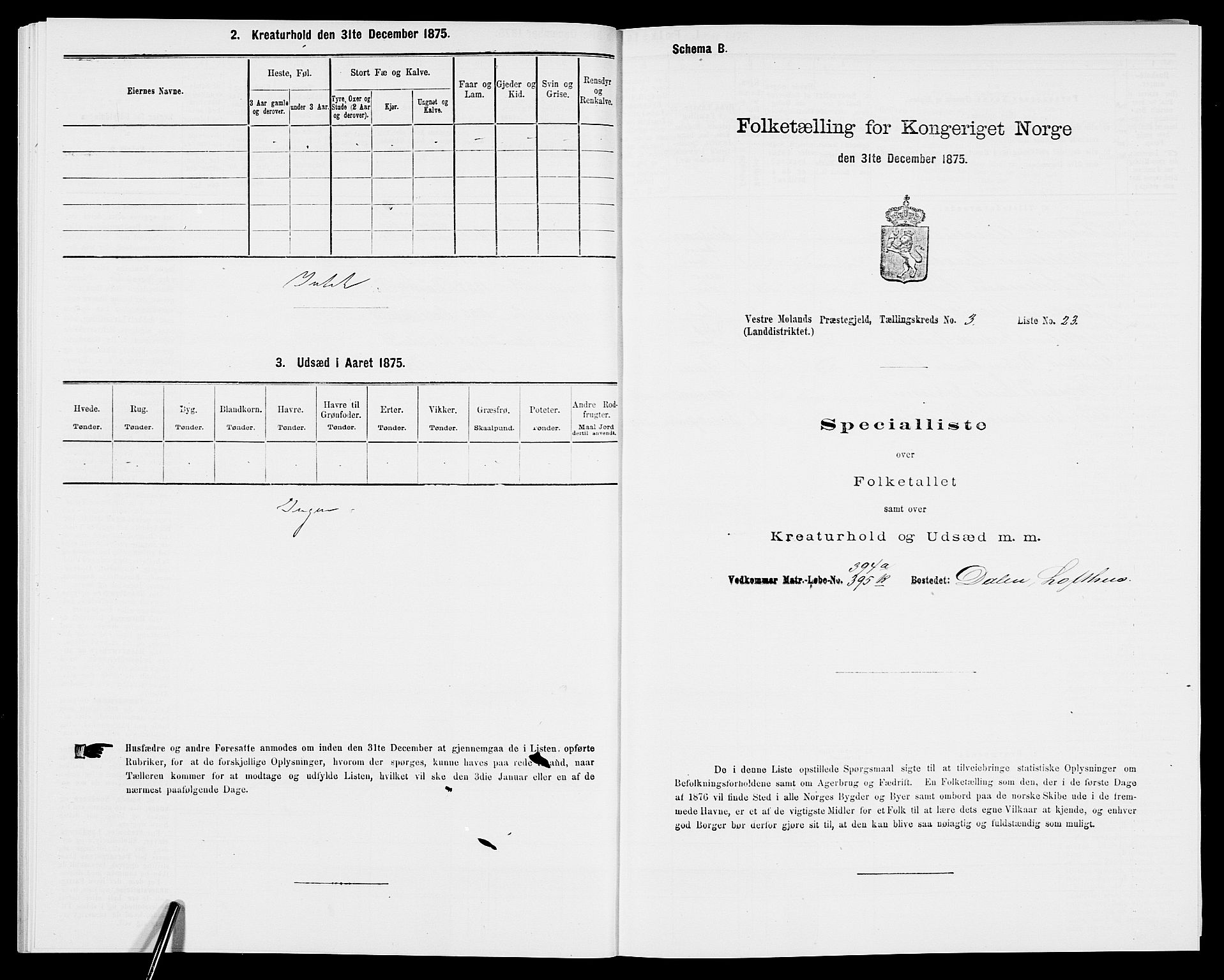 SAK, Folketelling 1875 for 0926L Vestre Moland prestegjeld, Vestre Moland sokn, 1875, s. 437