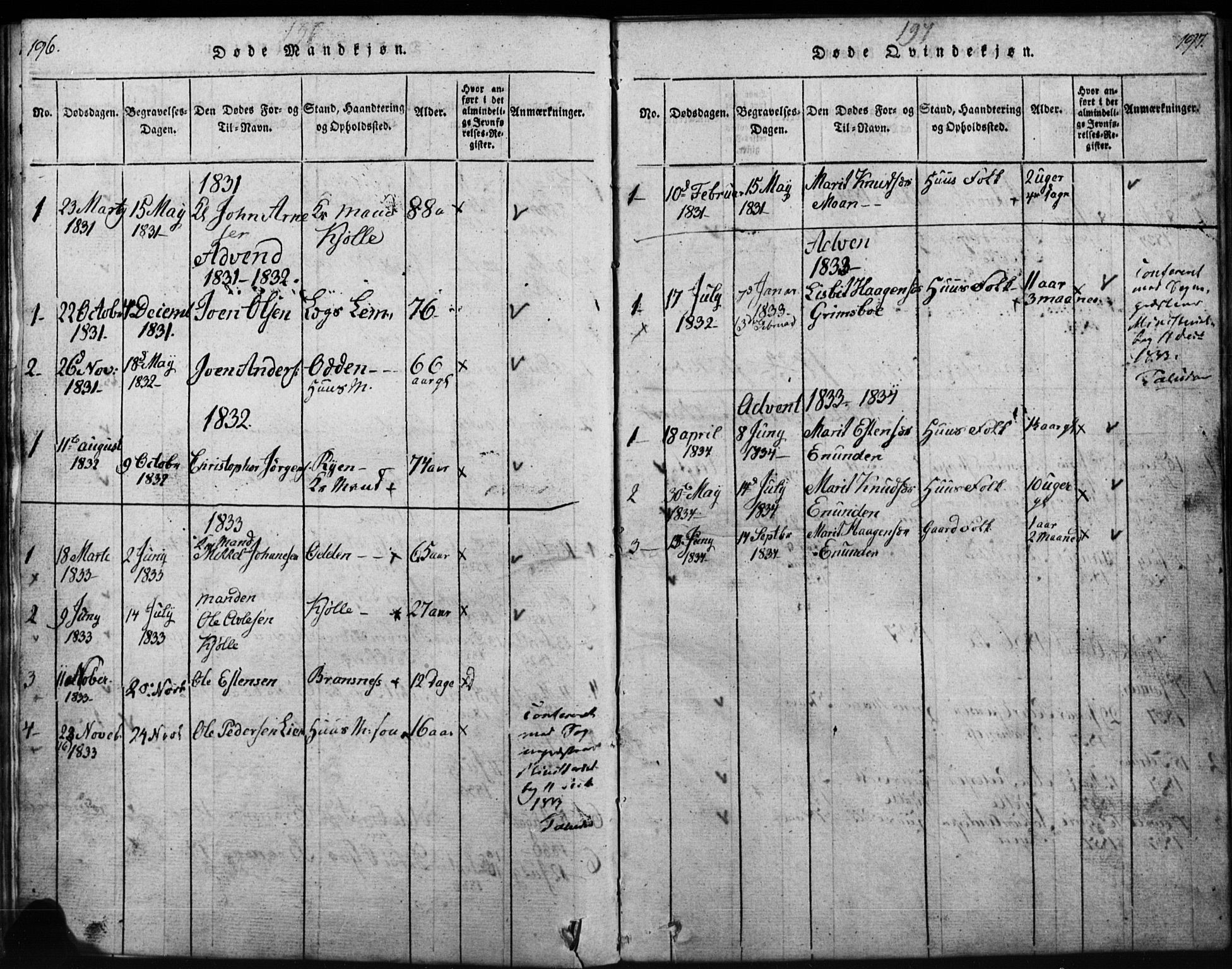 Tynset prestekontor, AV/SAH-PREST-058/H/Ha/Hab/L0003: Klokkerbok nr. 3, 1814-1862, s. 196-197