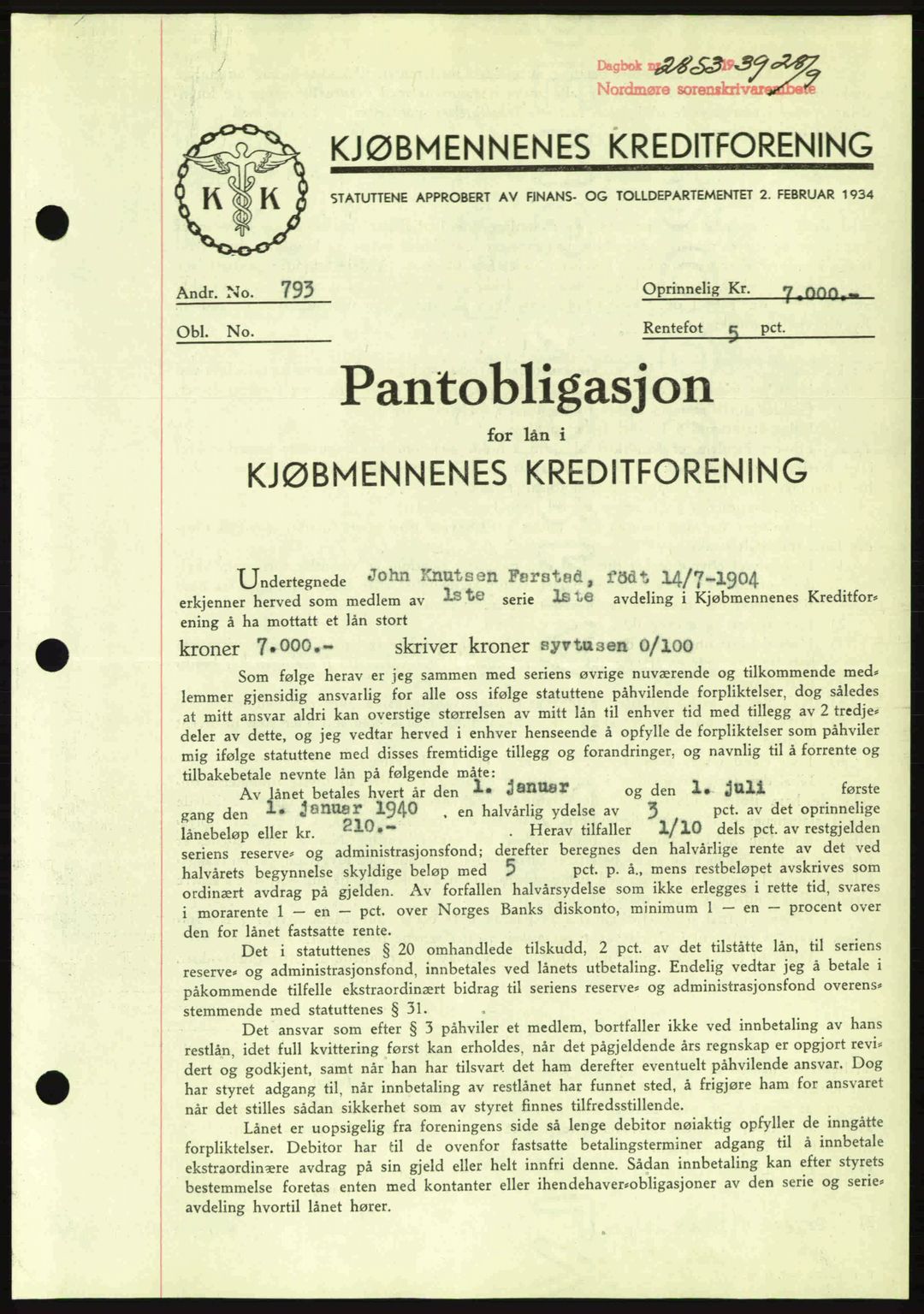 Nordmøre sorenskriveri, AV/SAT-A-4132/1/2/2Ca: Pantebok nr. B86, 1939-1940, Dagboknr: 2853/1939