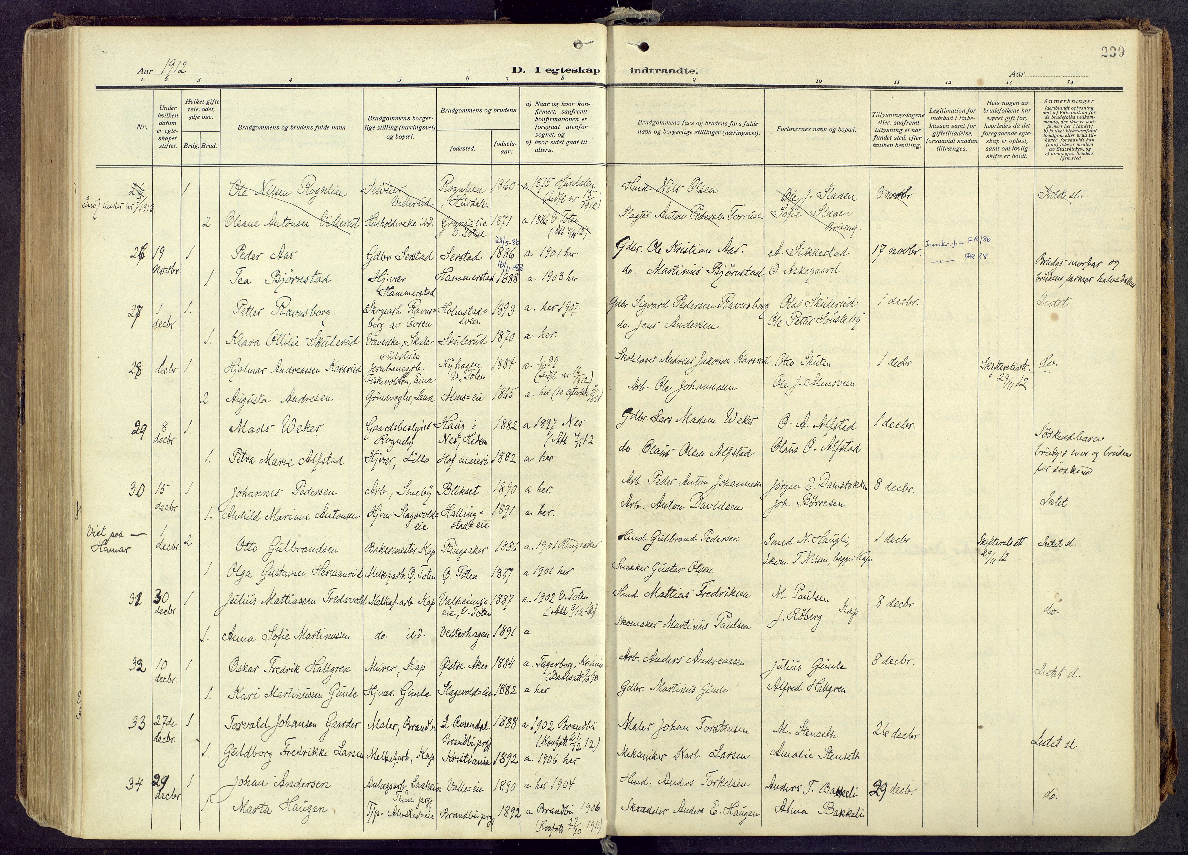 Østre Toten prestekontor, AV/SAH-PREST-104/H/Ha/Haa/L0010: Ministerialbok nr. 10, 1910-1920, s. 239