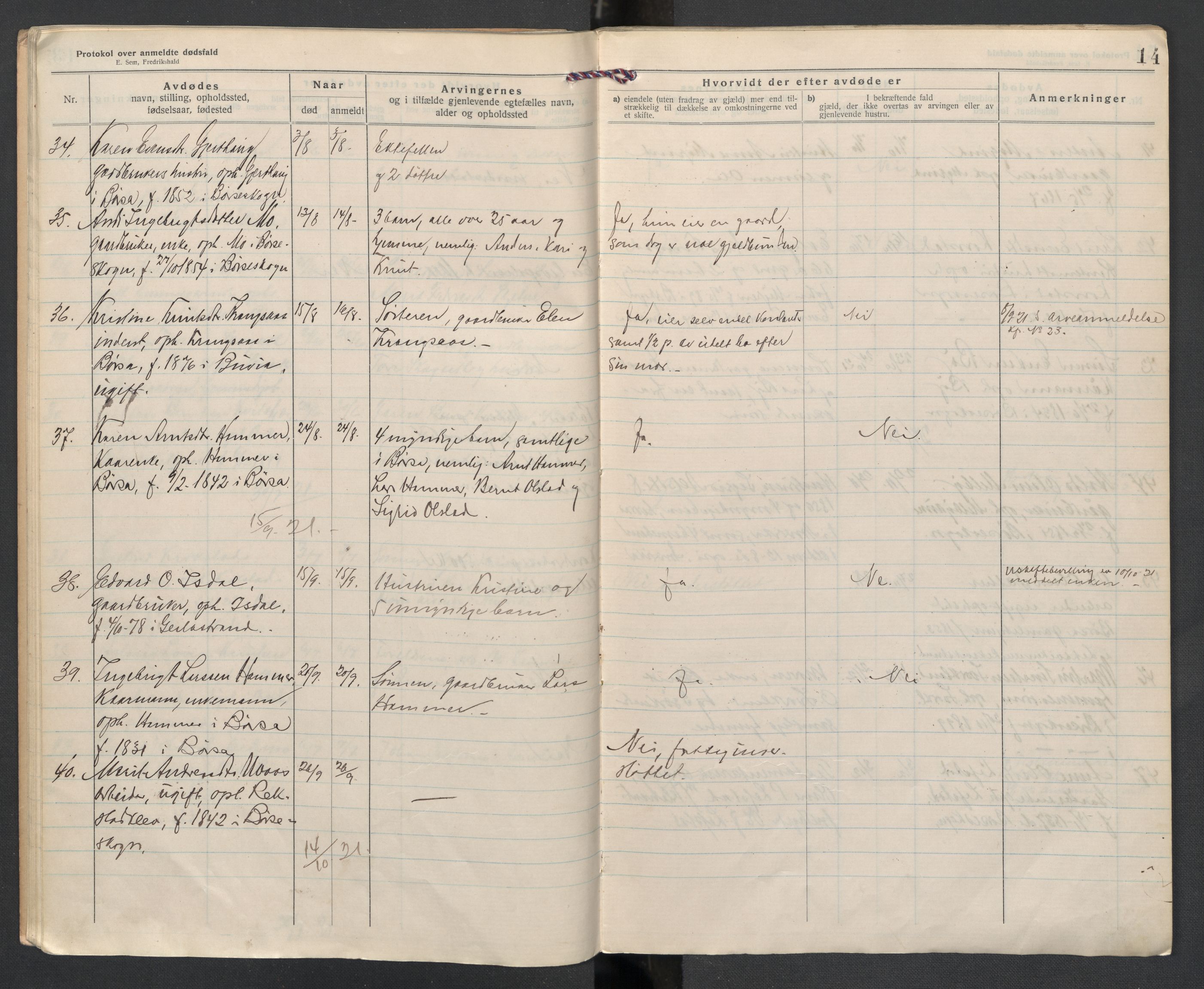 Børsa og Skaun lensmannskontor, AV/SAT-A-5888/02/L0004: 2.01.04 Dødsfallsprotokoll, 1920-1924, s. 14