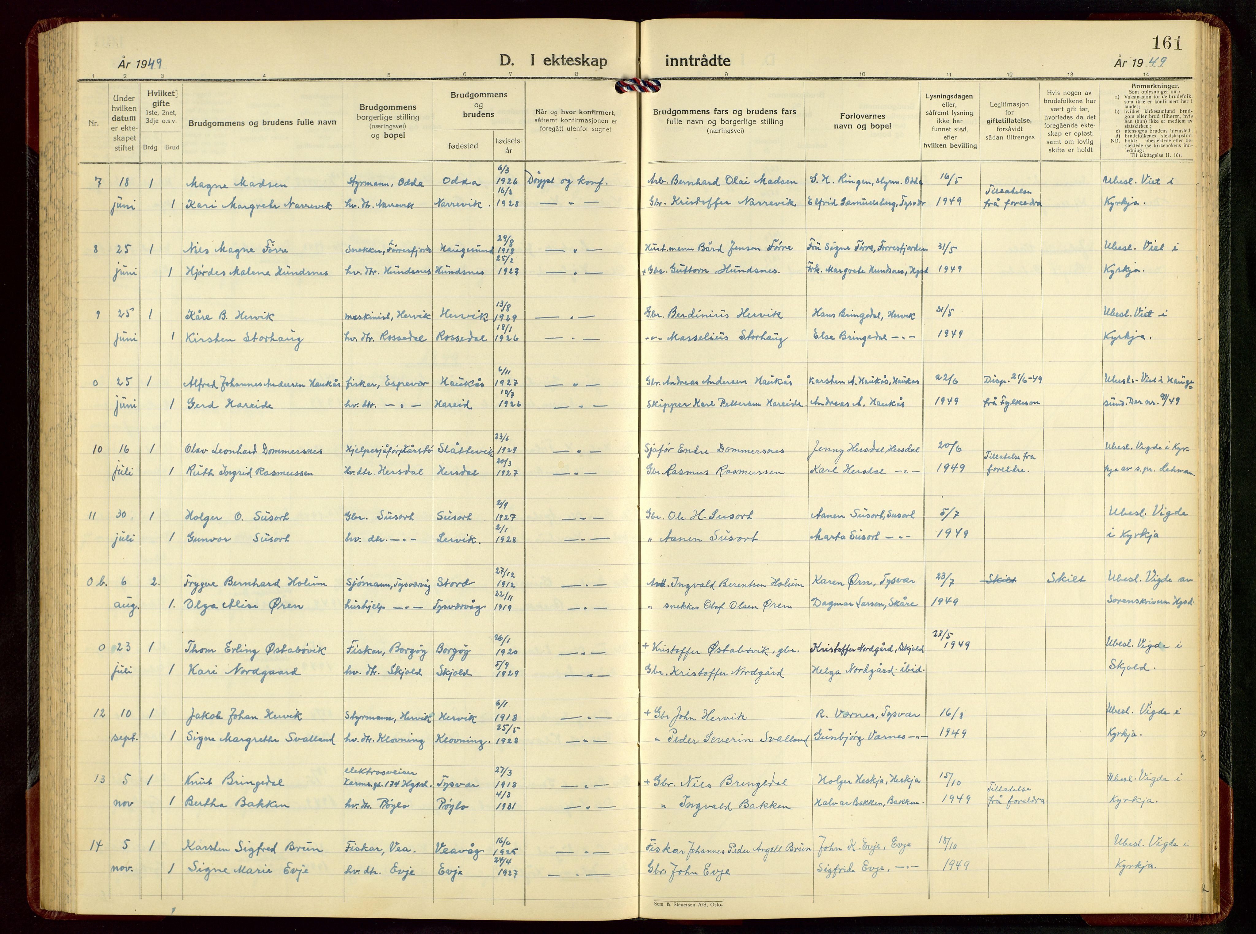 Tysvær sokneprestkontor, AV/SAST-A -101864/H/Ha/Hab/L0008: Klokkerbok nr. B 8, 1947-1957, s. 161