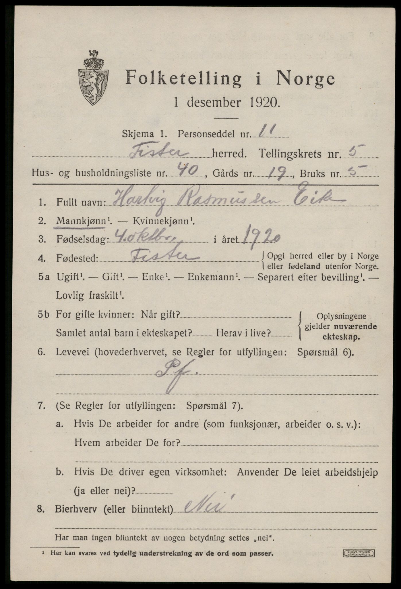 SAST, Folketelling 1920 for 1132 Fister herred, 1920, s. 1753