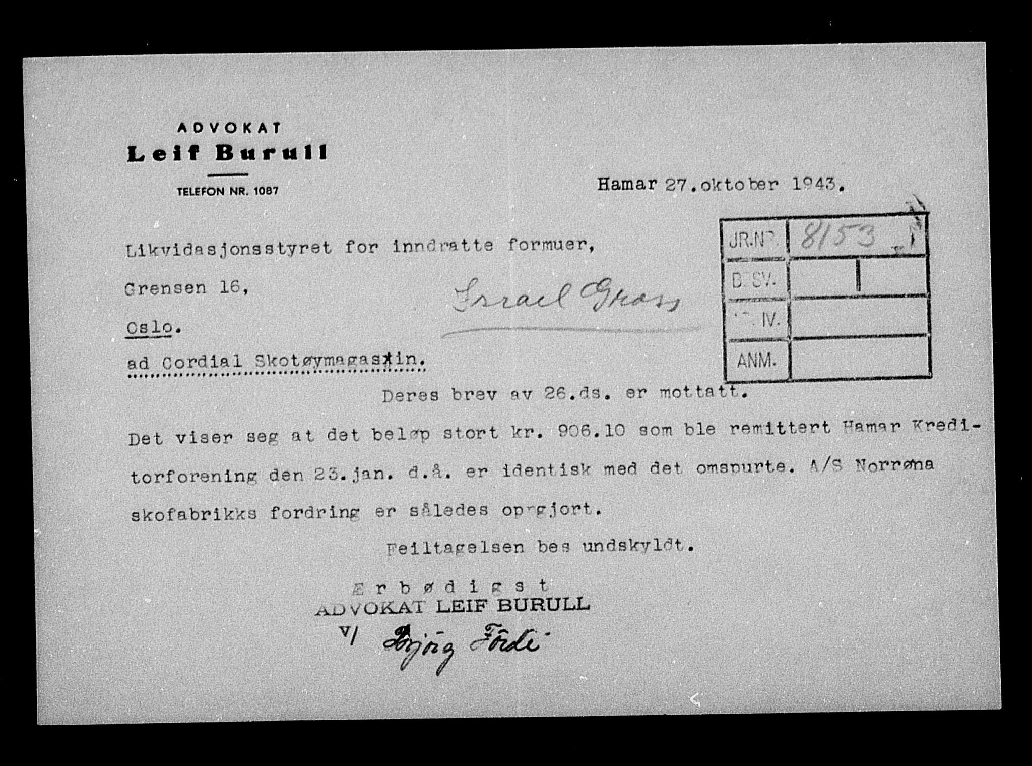 Justisdepartementet, Tilbakeføringskontoret for inndratte formuer, AV/RA-S-1564/H/Hc/Hcc/L0929: --, 1945-1947, s. 26