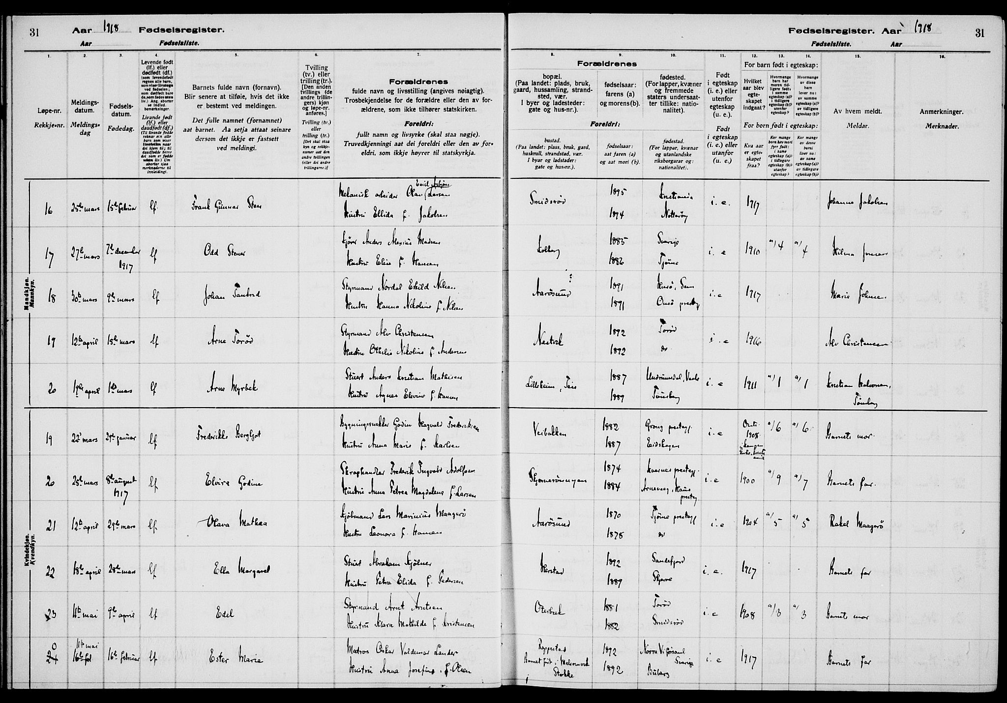 Nøtterøy kirkebøker, AV/SAKO-A-354/J/Ja/L0001: Fødselsregister nr. 1, 1916-1928, s. 31