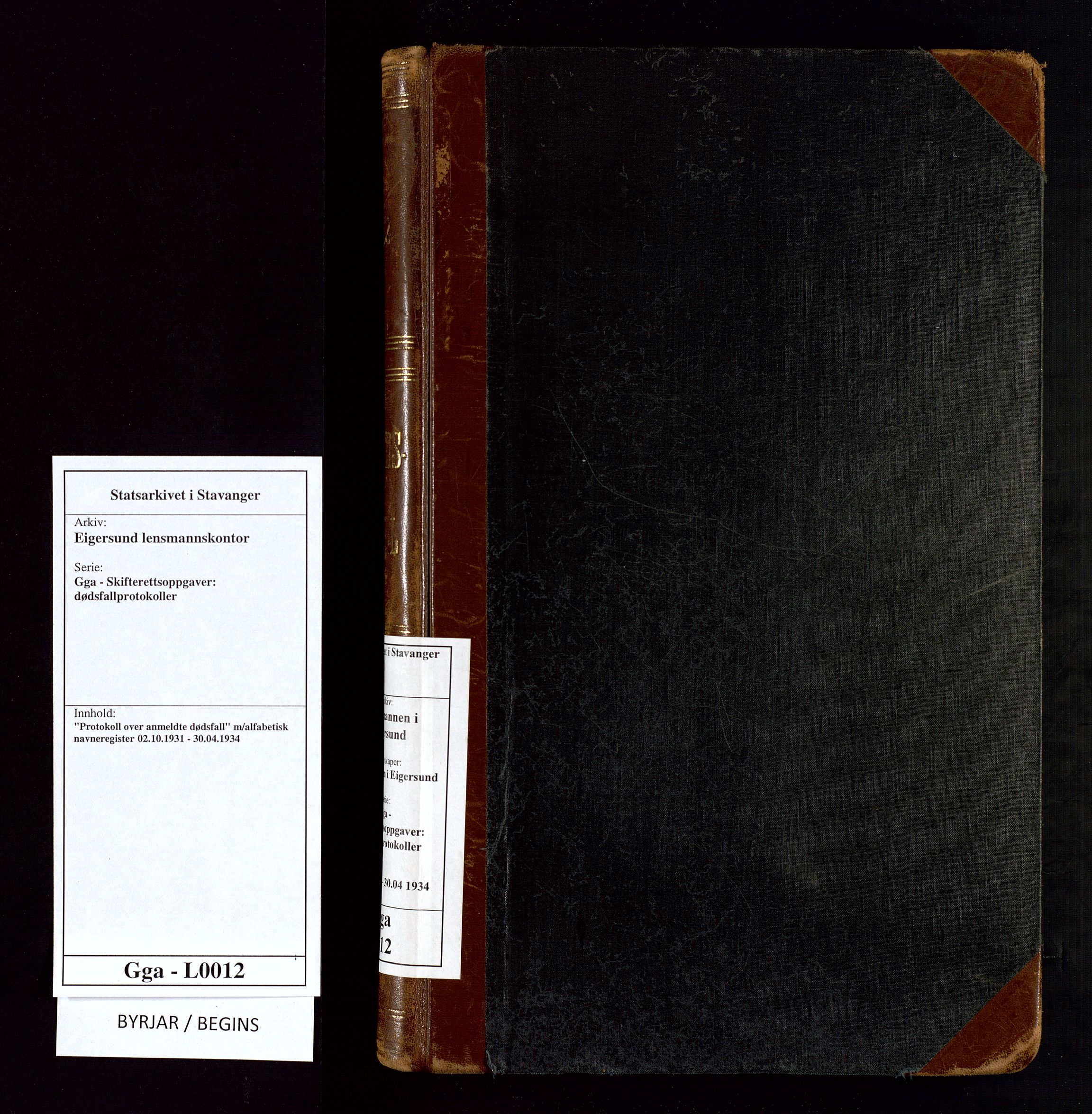 Eigersund lensmannskontor, SAST/A-100171/Gga/L0012: "Protokoll over anmeldte dødsfall" m/alfabetisk navneregister, 1931-1934