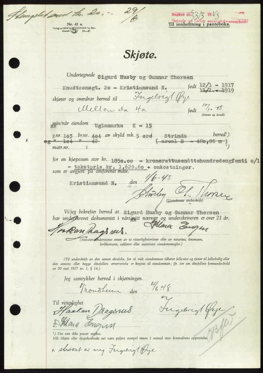 Strinda og Selbu sorenskriveri, AV/SAT-A-0015/2/2C: Pantebok nr. A22, 1948-1948, Dagboknr: 3313/1948