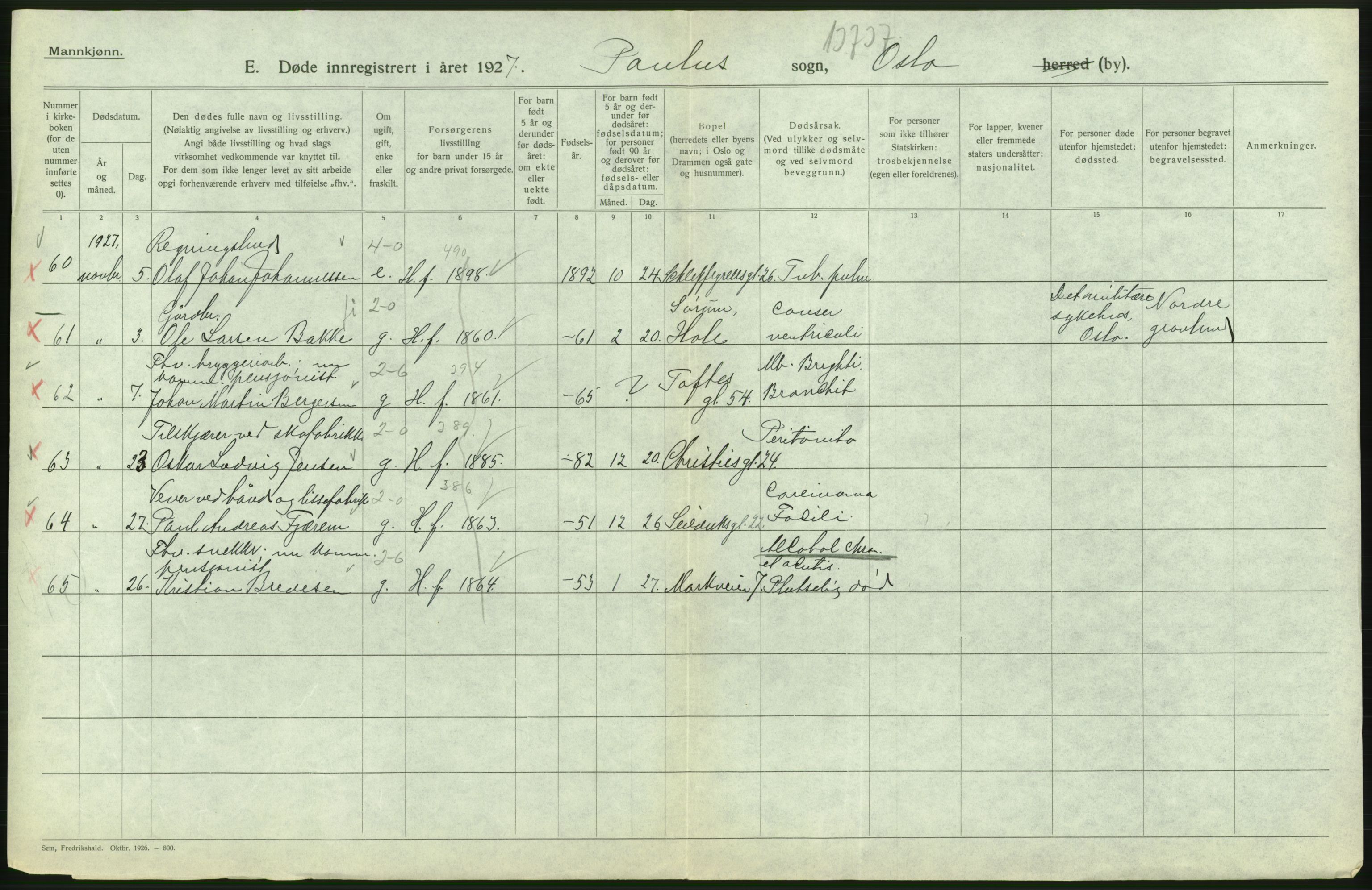 Statistisk sentralbyrå, Sosiodemografiske emner, Befolkning, AV/RA-S-2228/D/Df/Dfc/Dfcg/L0009: Oslo: Døde menn, 1927, s. 368