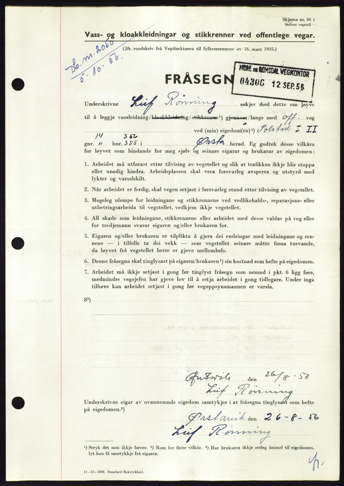 Søre Sunnmøre sorenskriveri, AV/SAT-A-4122/1/2/2C/L0104: Pantebok nr. 30A, 1956-1956, Dagboknr: 2050/1956