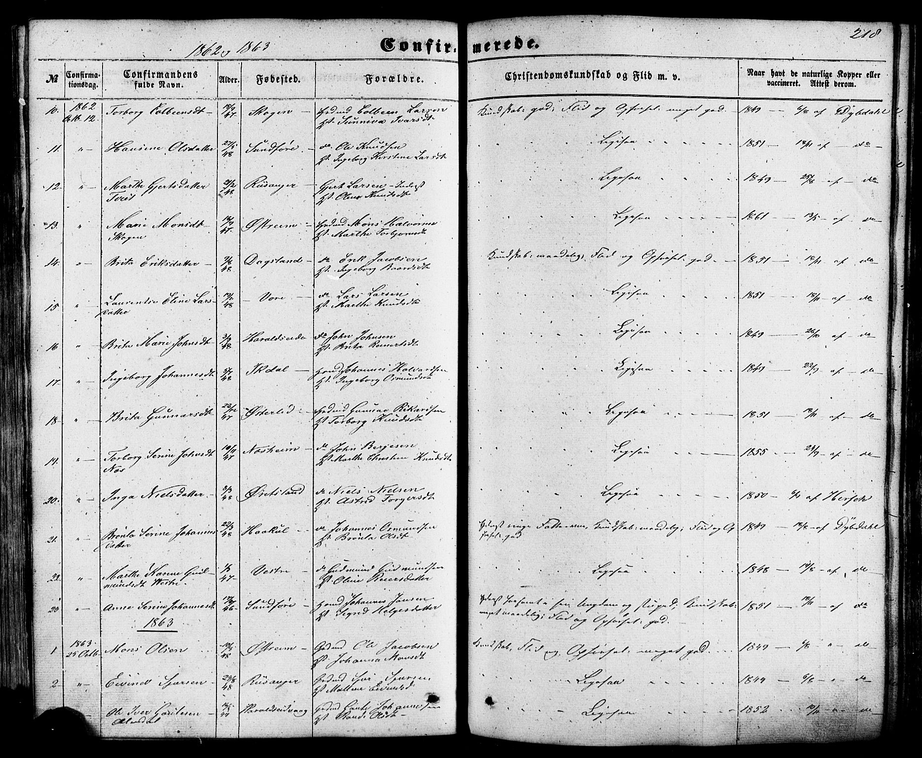 Skjold sokneprestkontor, SAST/A-101847/H/Ha/Haa/L0008: Ministerialbok nr. A 8, 1856-1882, s. 218