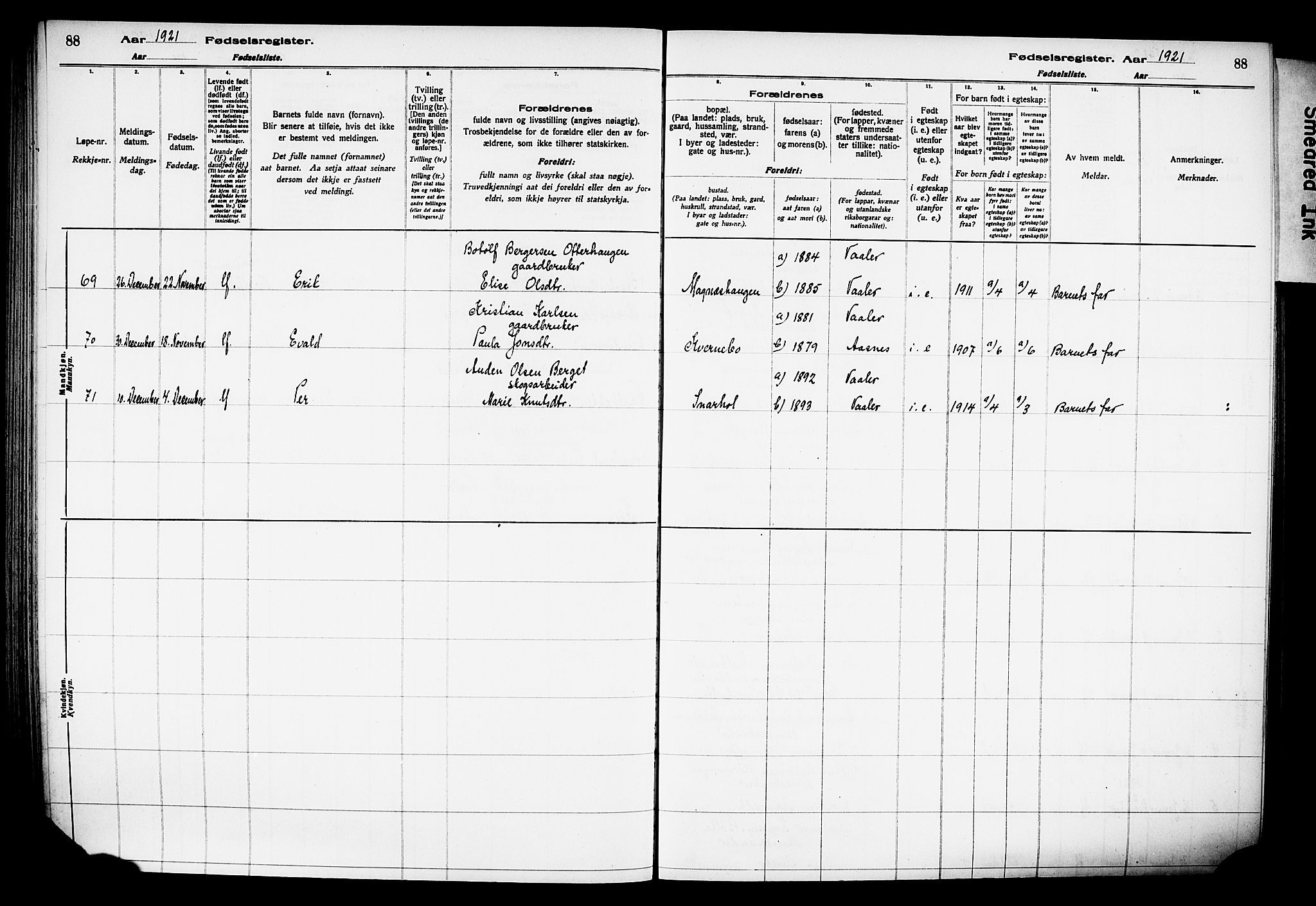 Våler prestekontor, Hedmark, AV/SAH-PREST-040/I/Id/L0001: Fødselsregister nr. 1, 1916-1930, s. 88